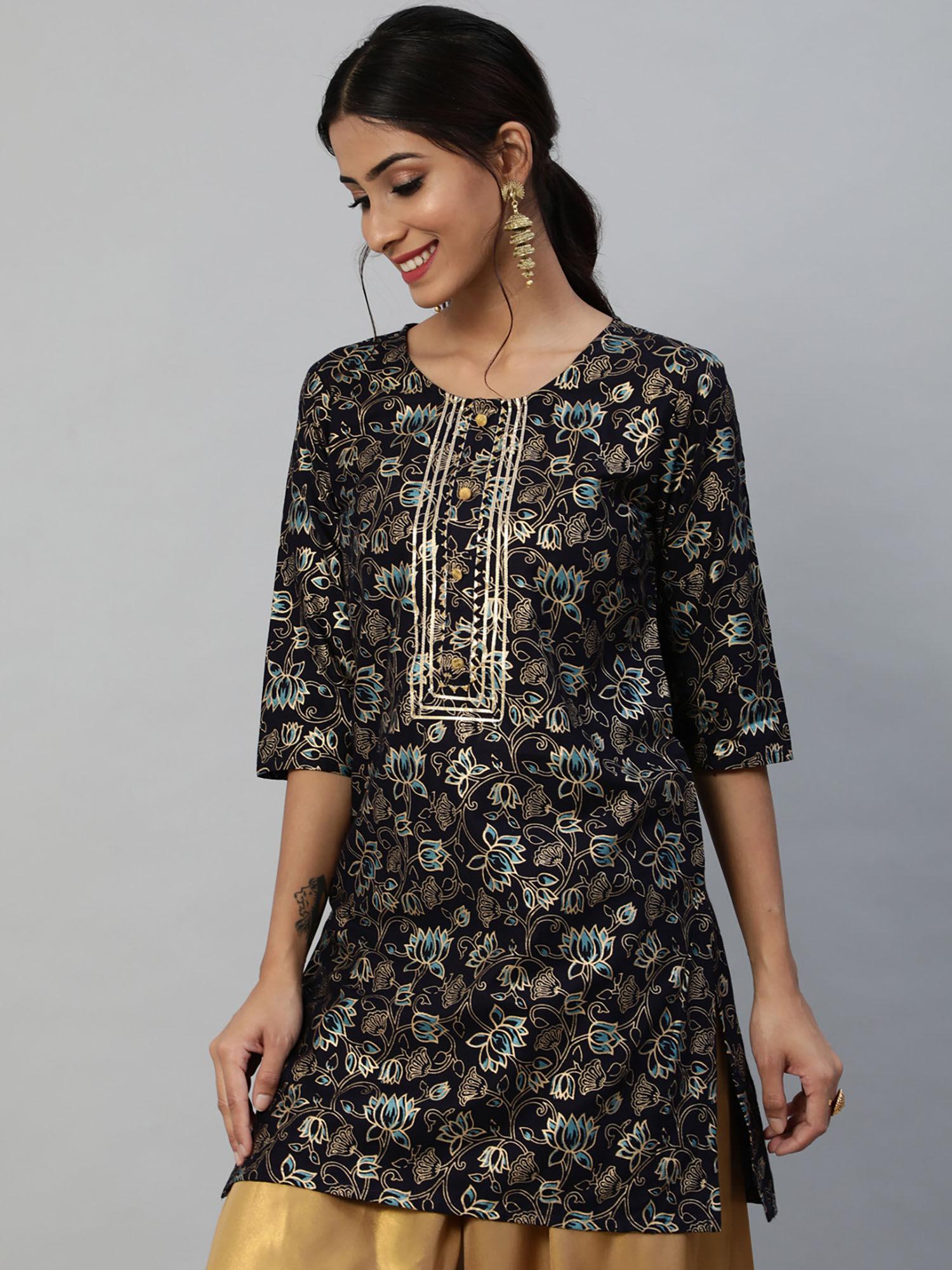 womens navy blue & gold-toned ethnic motifs printed gotta patti kurti