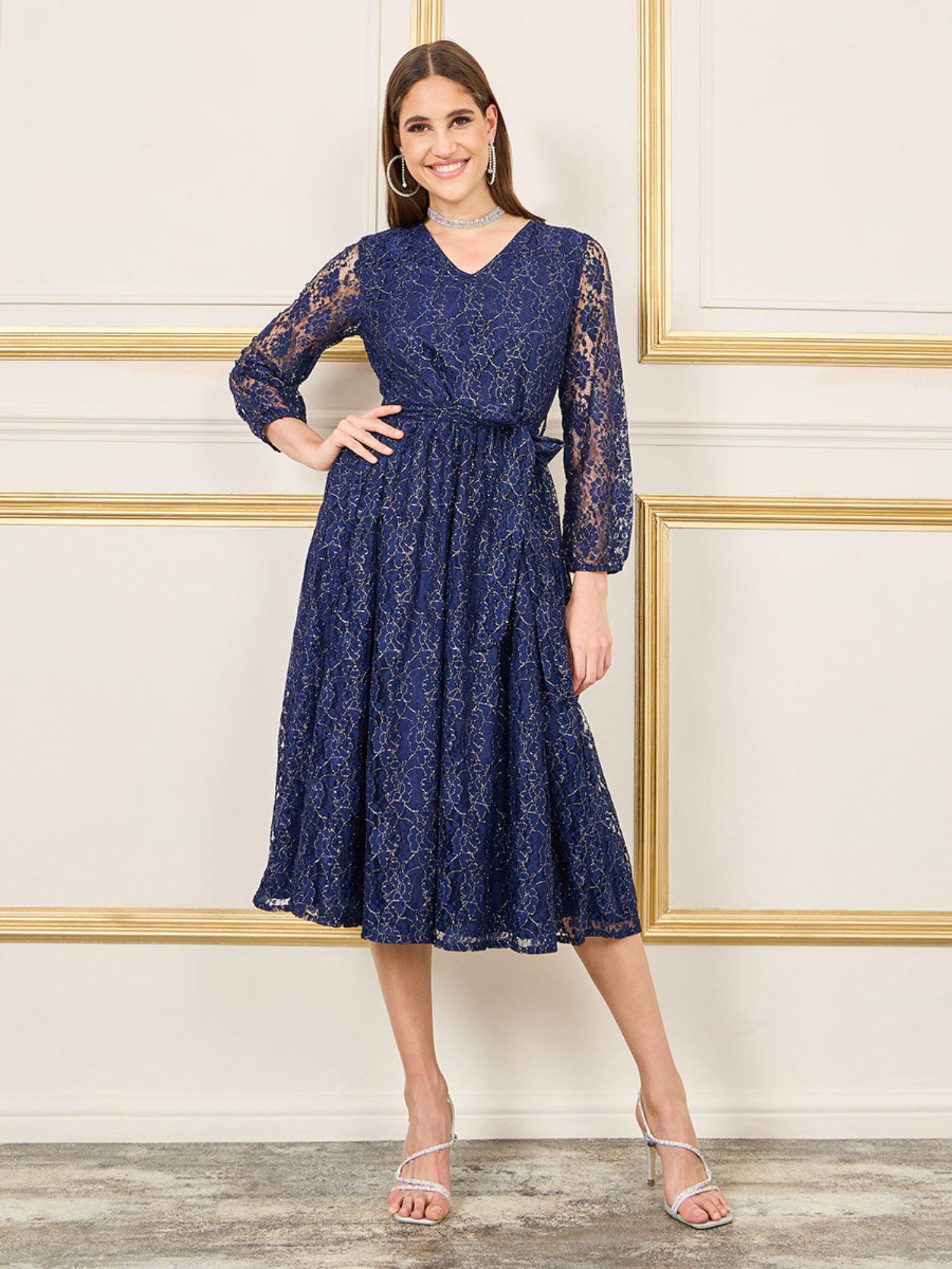 womens navy blue all over lace self tie up a-line midi dress