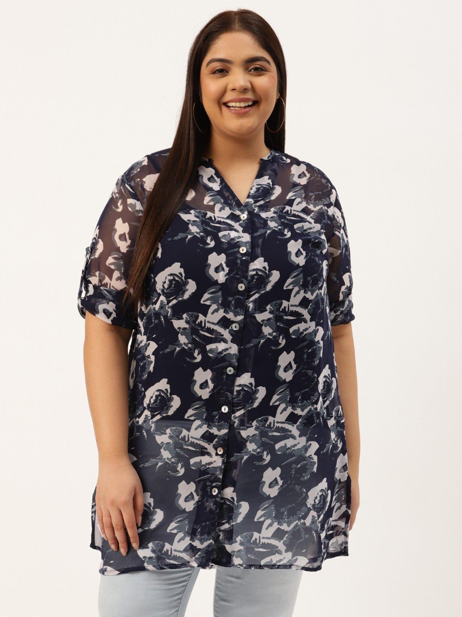 womens navy blue andoff white floral printed longline shirt