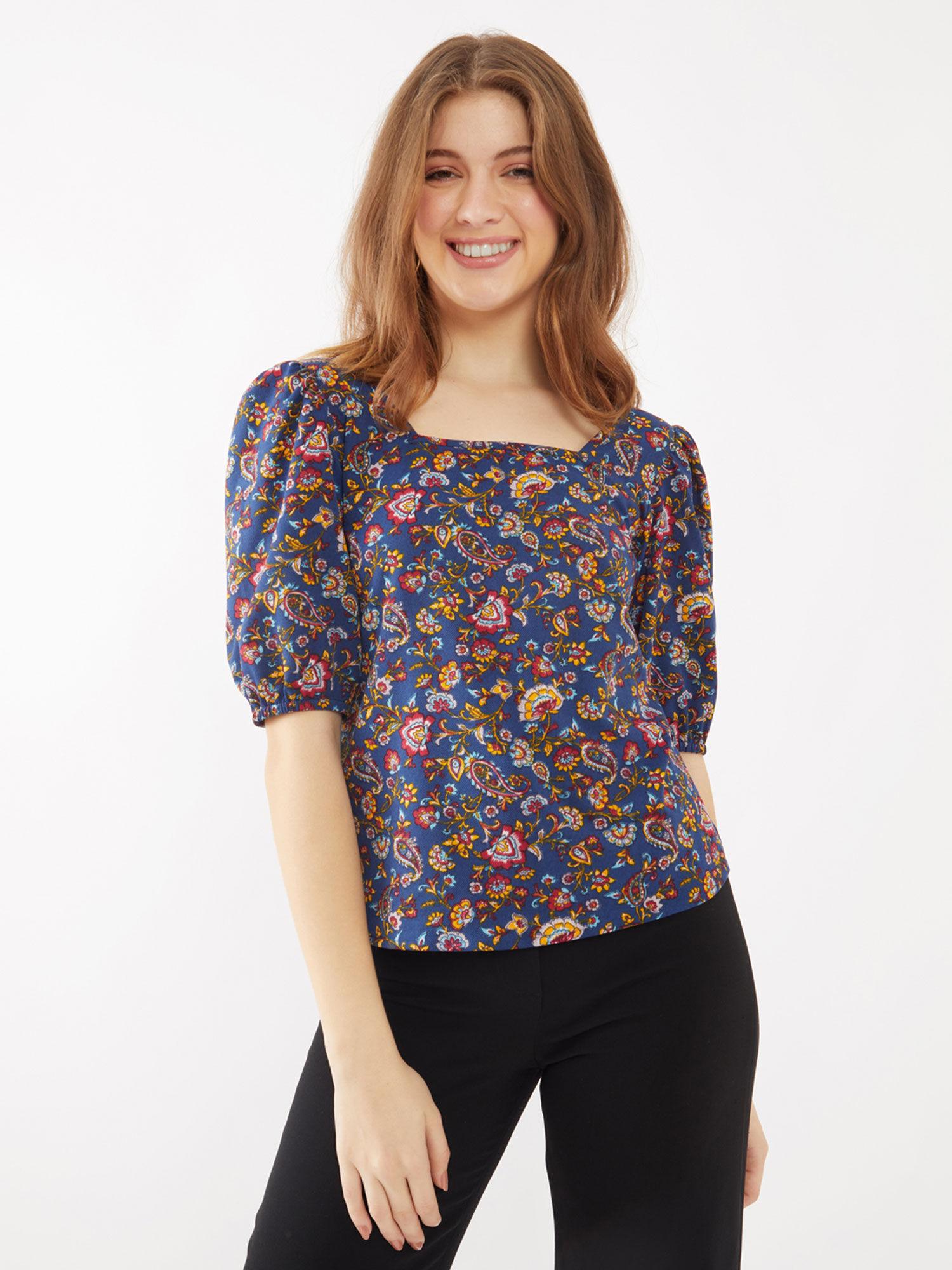 womens navy blue bohemian print elbow sleeves top