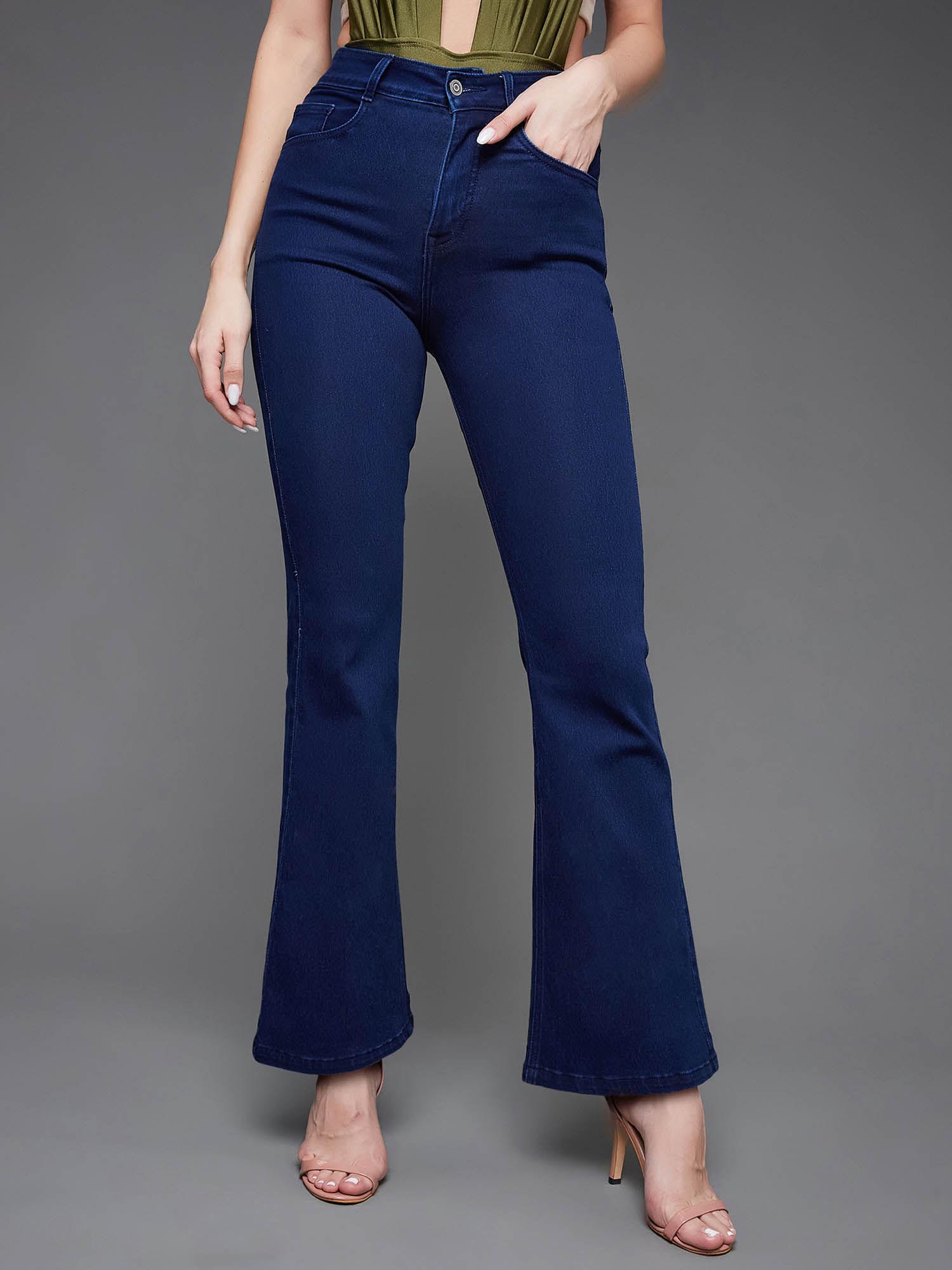 womens navy blue bootcut high rise regular length stretchable denim jeans