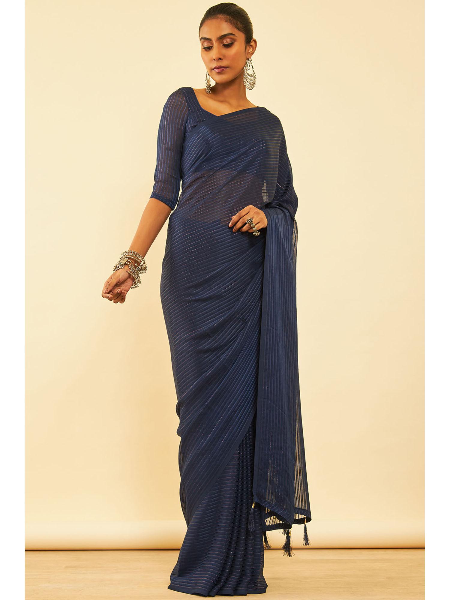 womens navy blue chiffon saree with tassels with unstitched blouse