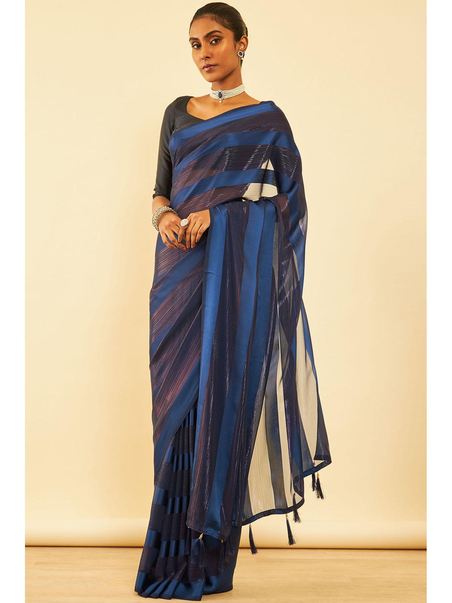 womens navy blue chiffon striped saree with tassels with unstitched blouse