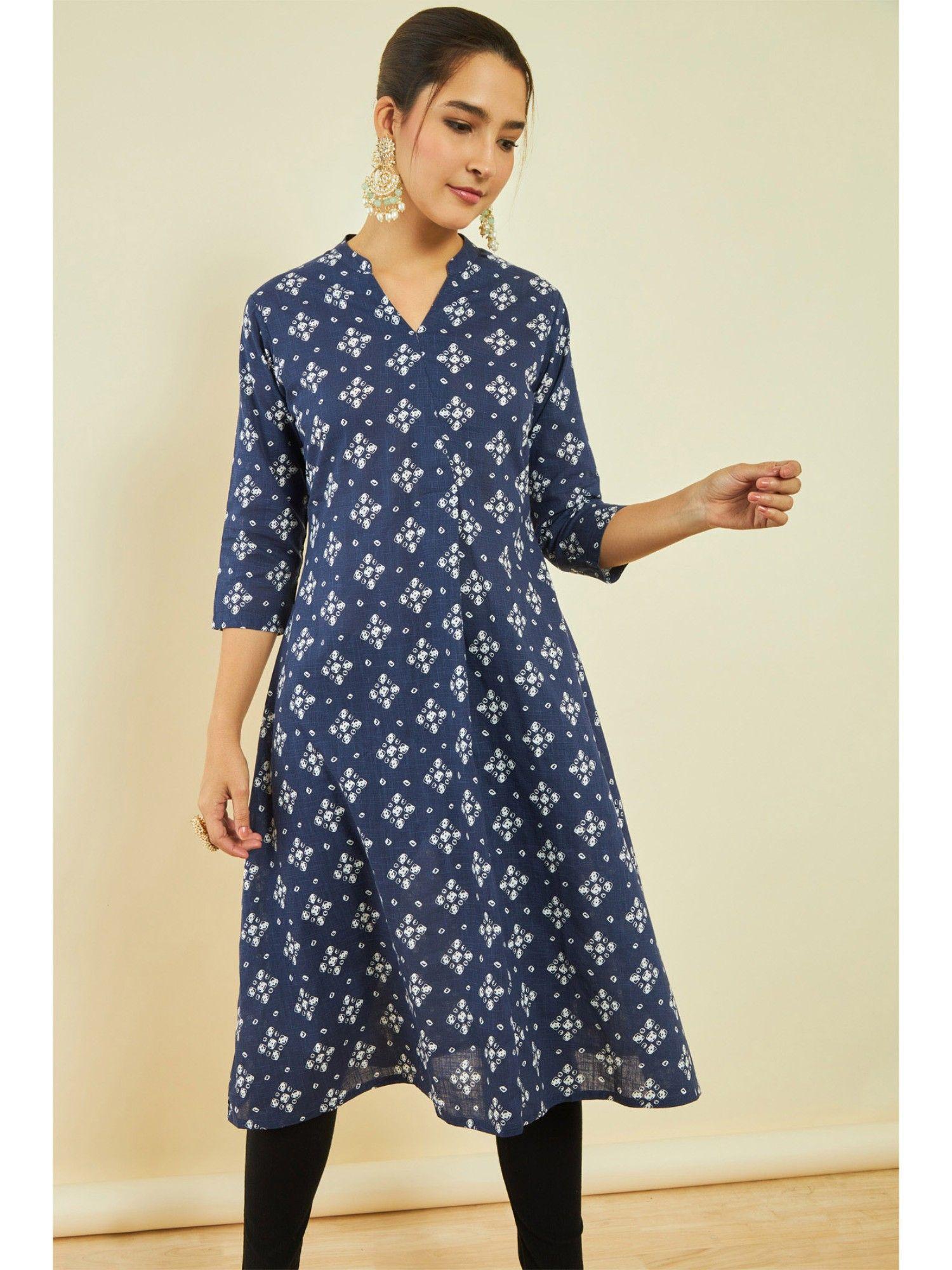 womens navy blue cotton slub bandhani print kurta