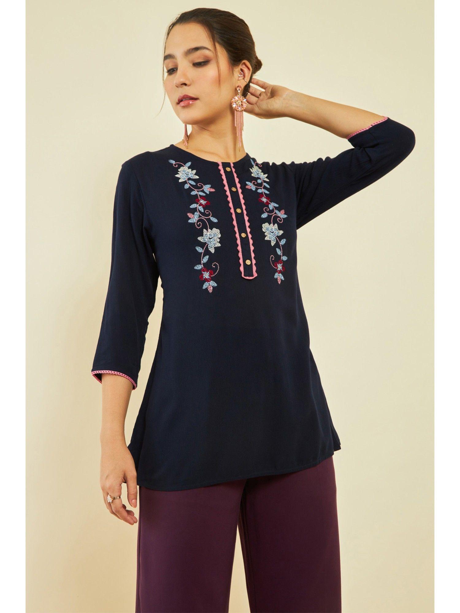 womens navy blue crepe embroidered tunic with thread work