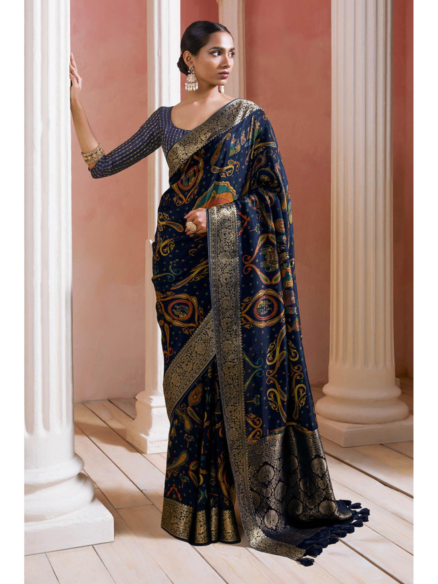 womens navy blue crepe ethnic print zari border saree with unstitched blouse