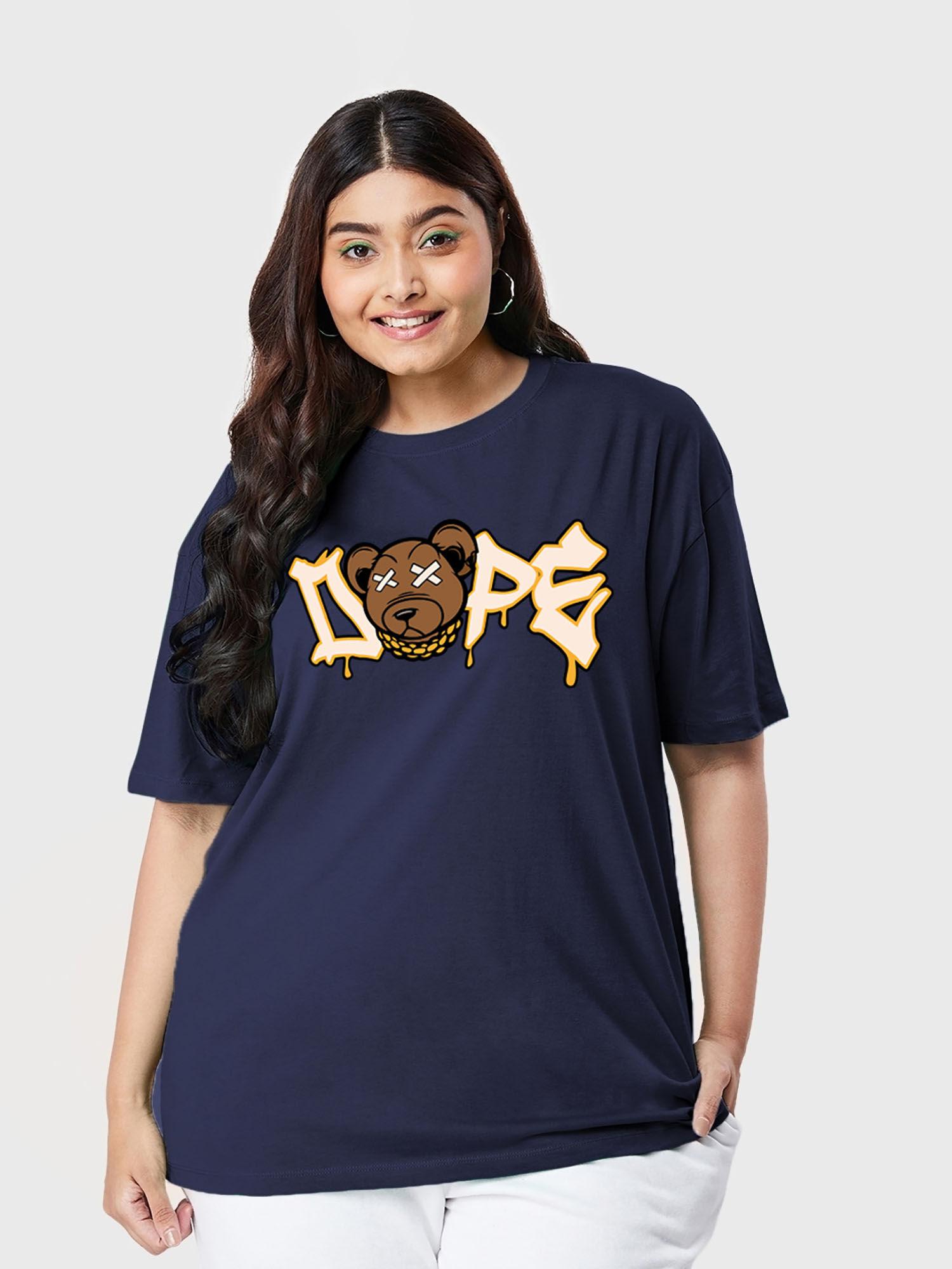 womens navy blue dope bear graphic printed oversized plus size t-shirt