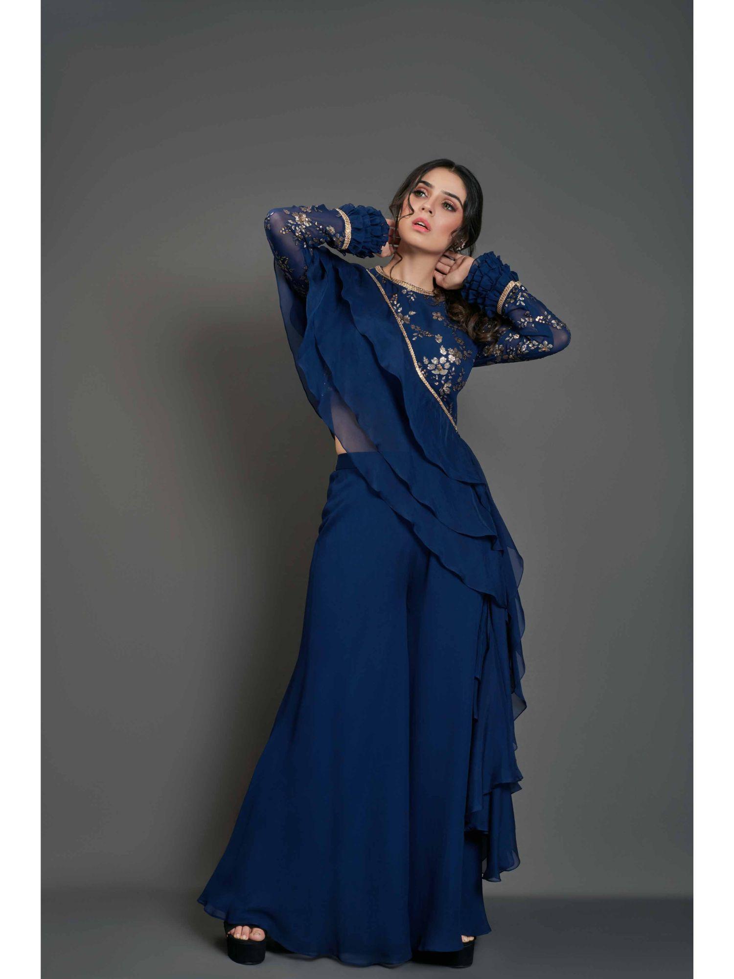 womens navy blue embellished blouse with palazzo and dupatta (set of 3)