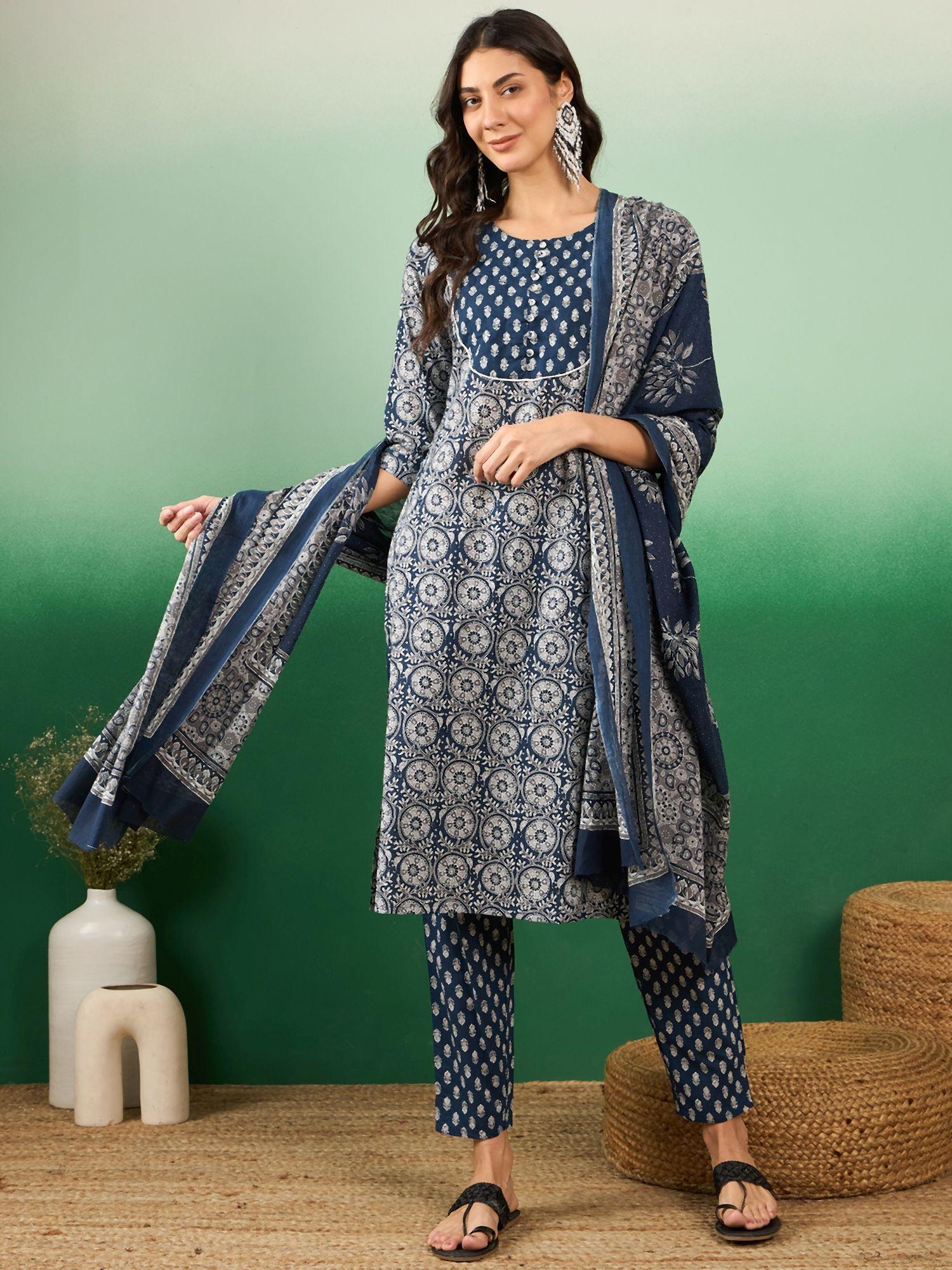 womens navy blue ethnic motifs printed kurta with pant and dupatta (set of 3)