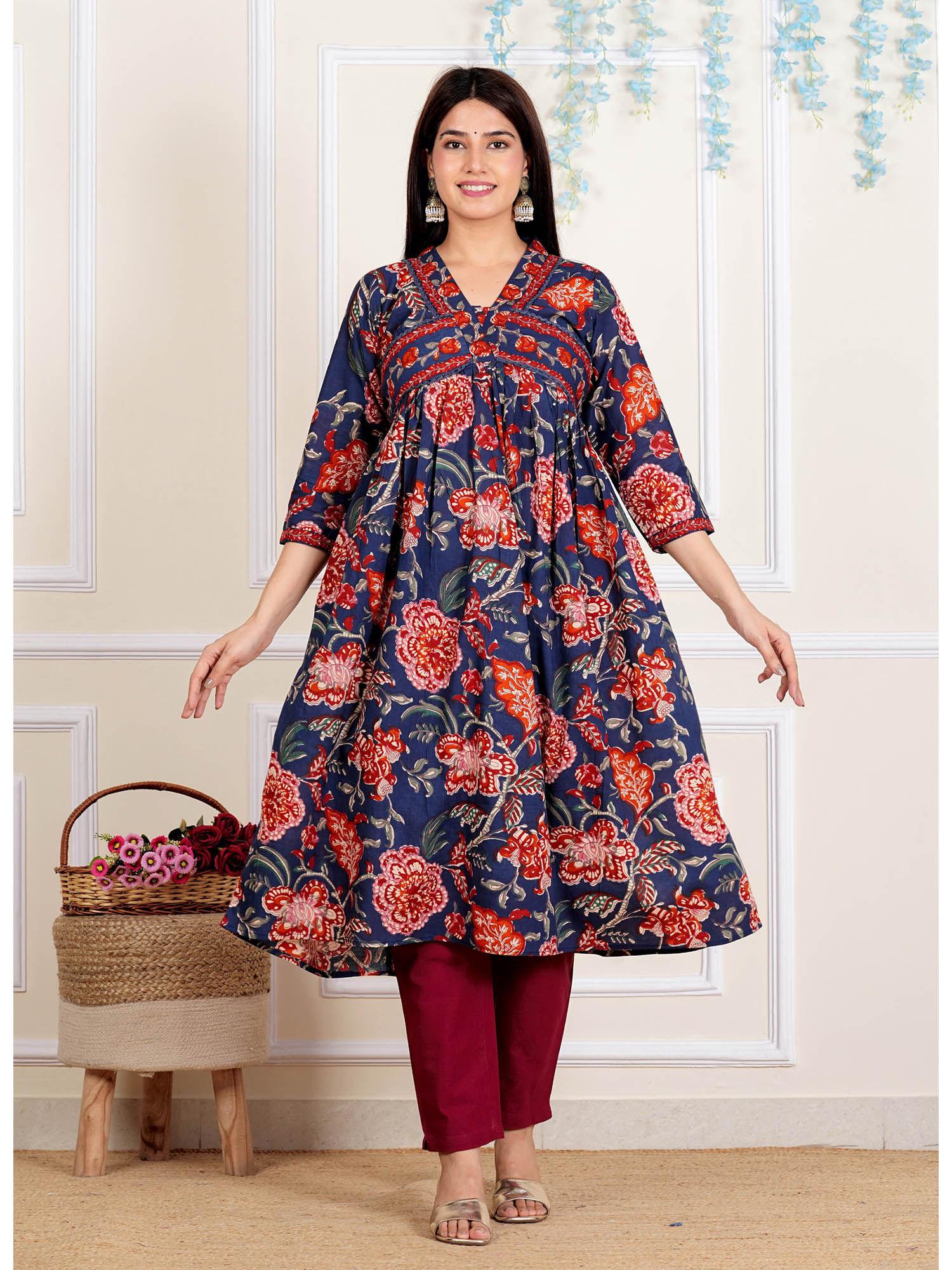 womens navy blue floral print aaliya cut flared kurta