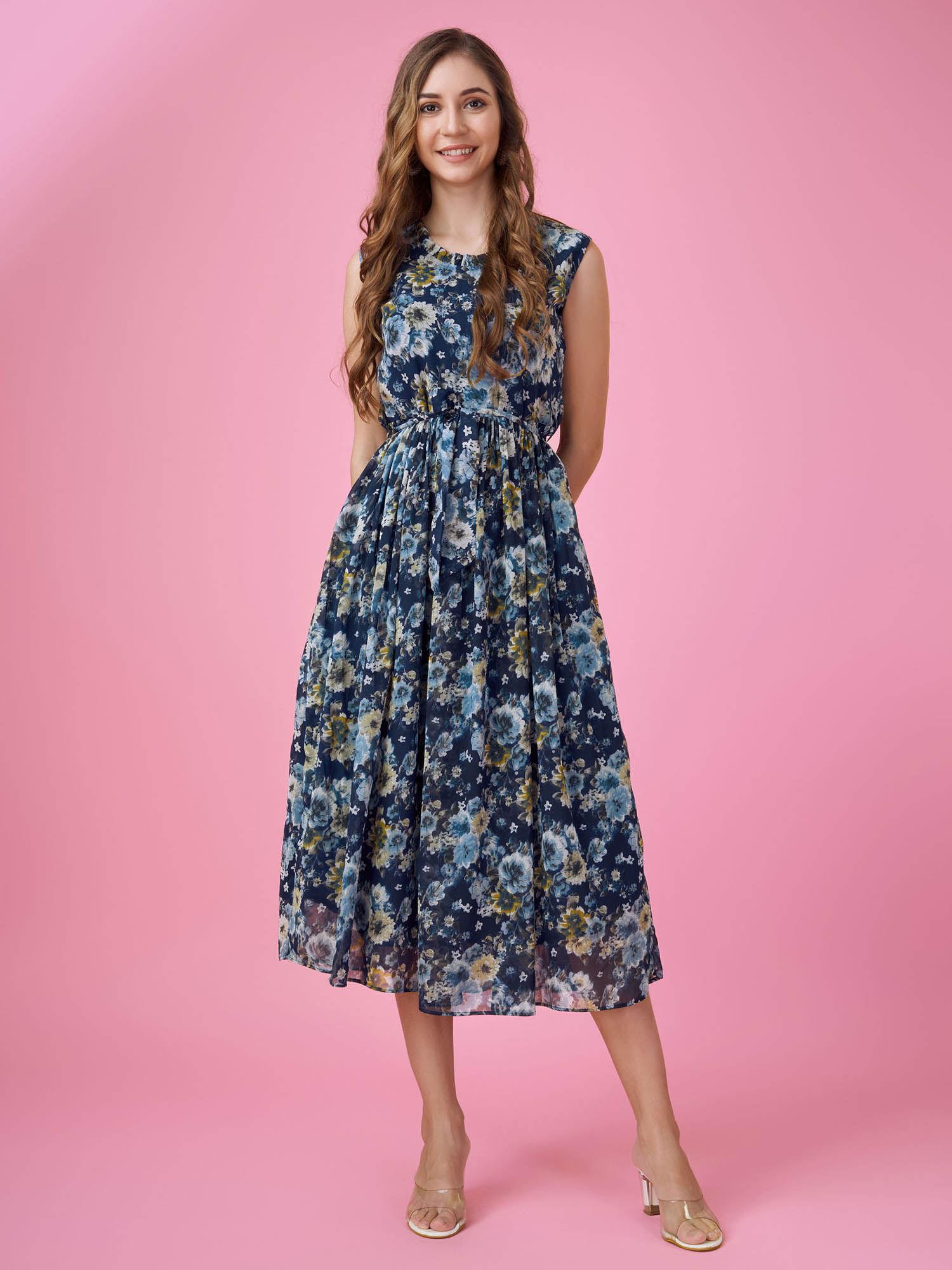 womens navy blue georgette floral printed flared dress with belt (set of 2)