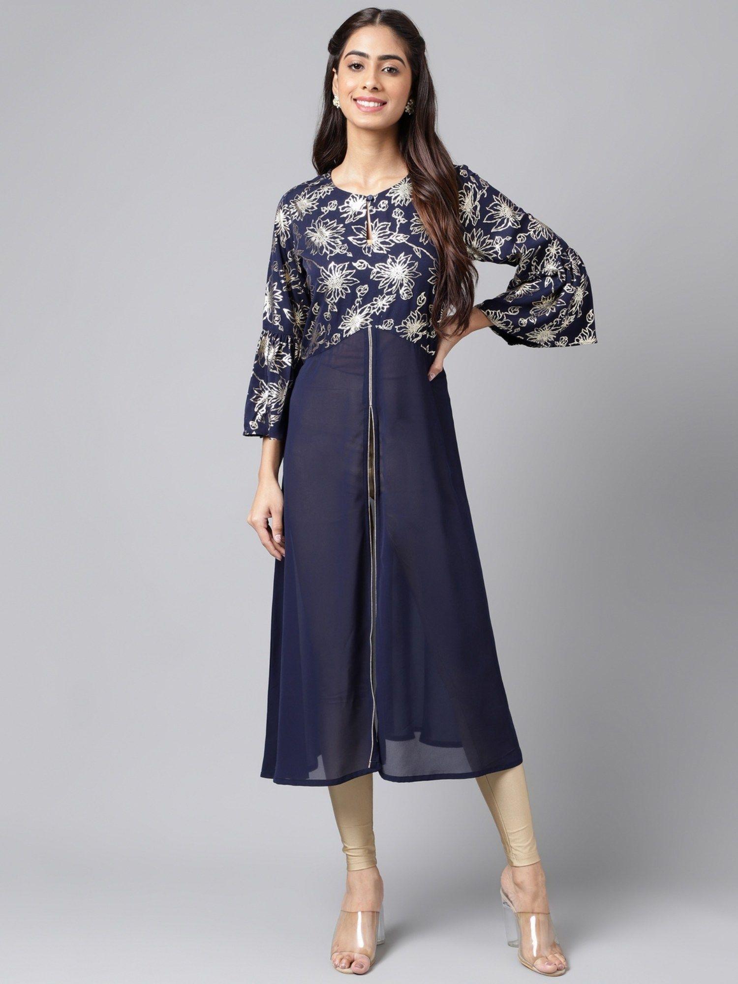 womens navy blue georgette foil printed a-line kurta