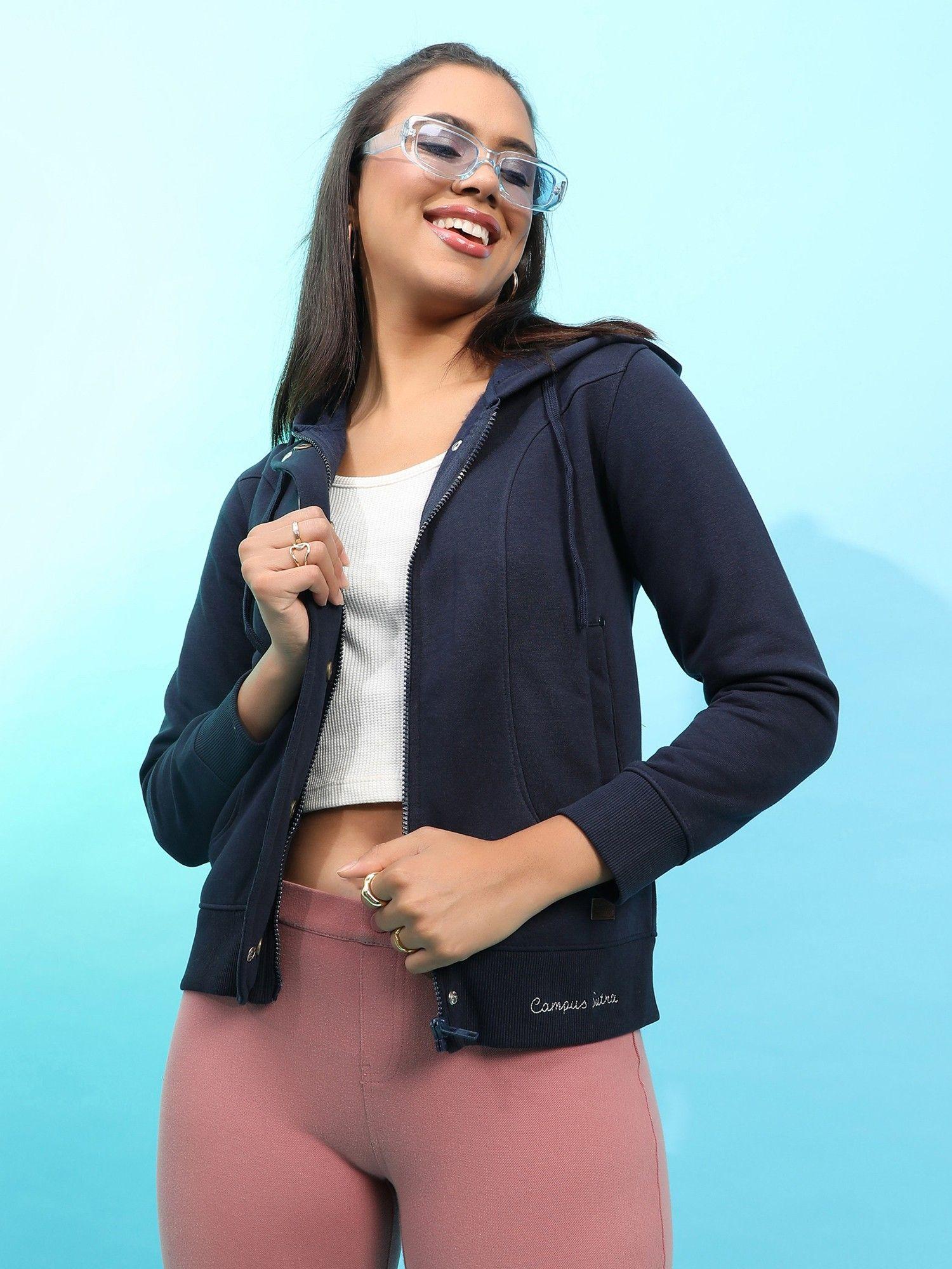 womens navy blue hooded jacket with angled open pockets