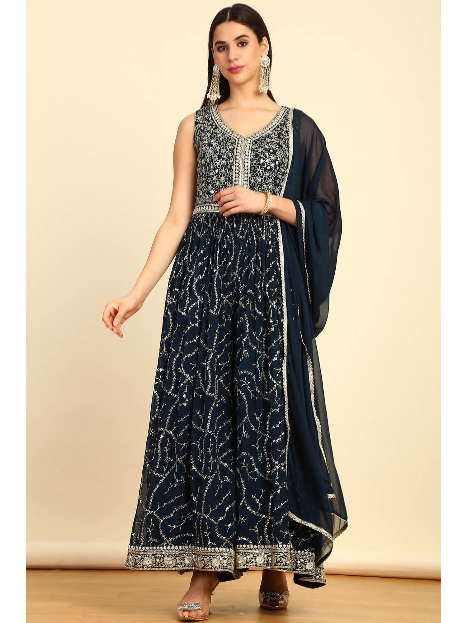 womens navy blue jumpsuit with unstitched sleeves dupatta and belt (set of 4)