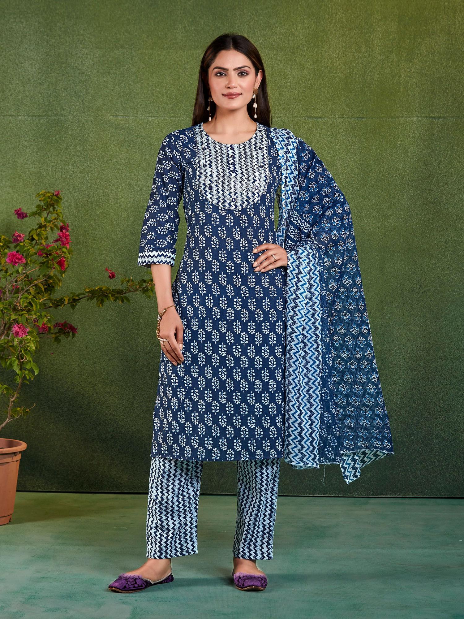 womens navy blue kurta with trousers dupatta (set of 3)