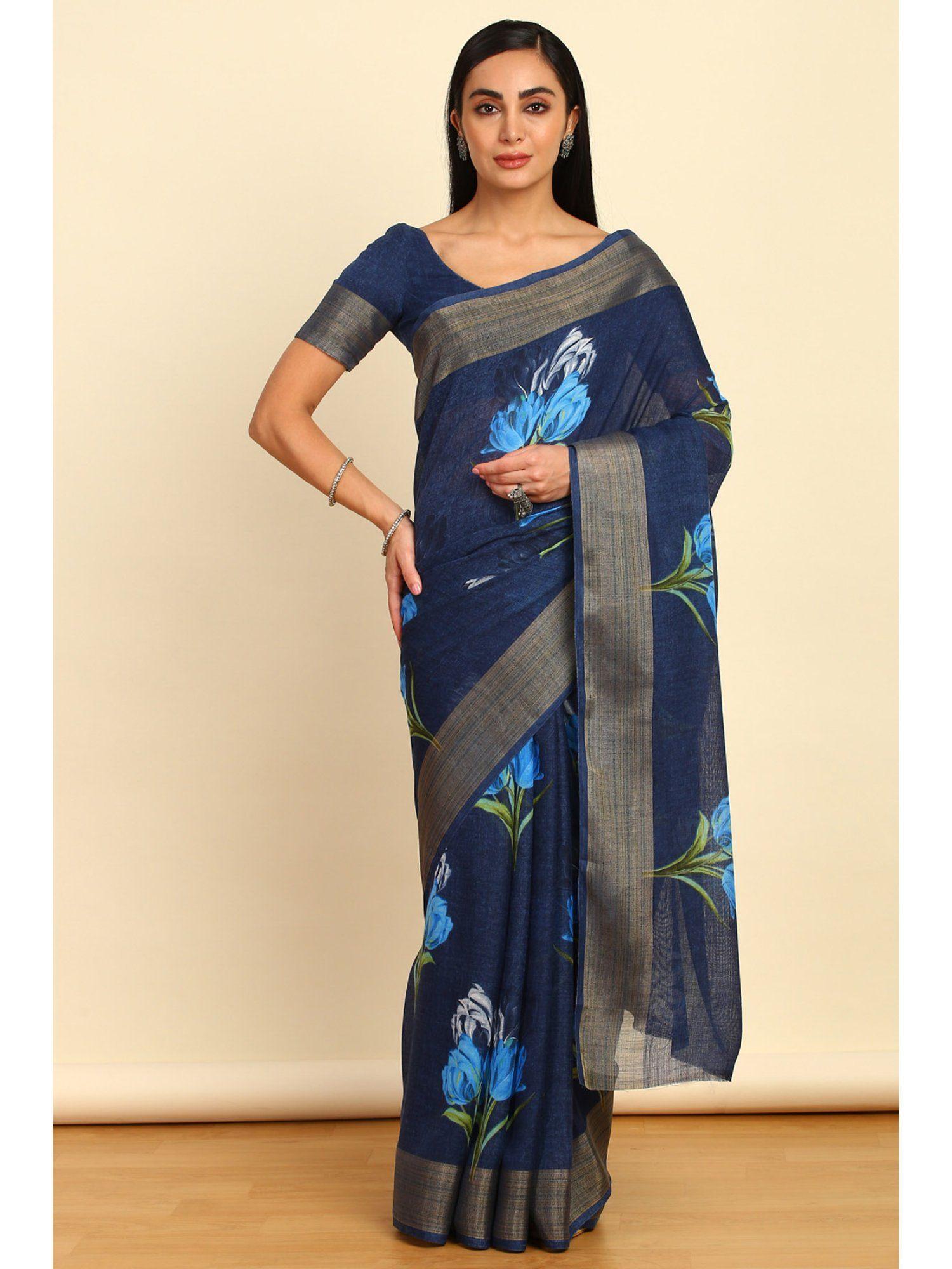 womens navy blue linen floral print saree with unstitched blouse