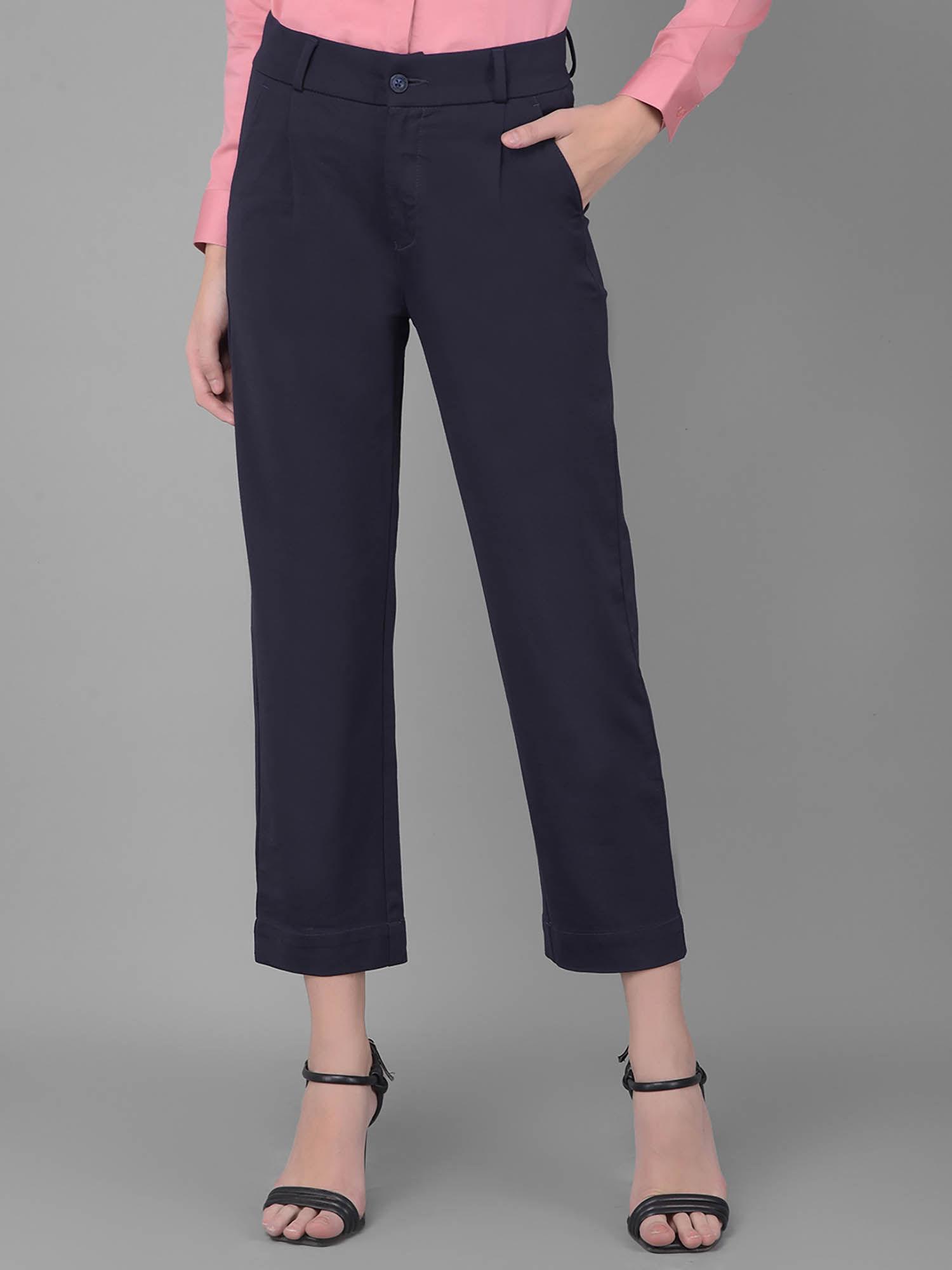 womens navy blue pleated straight trousers