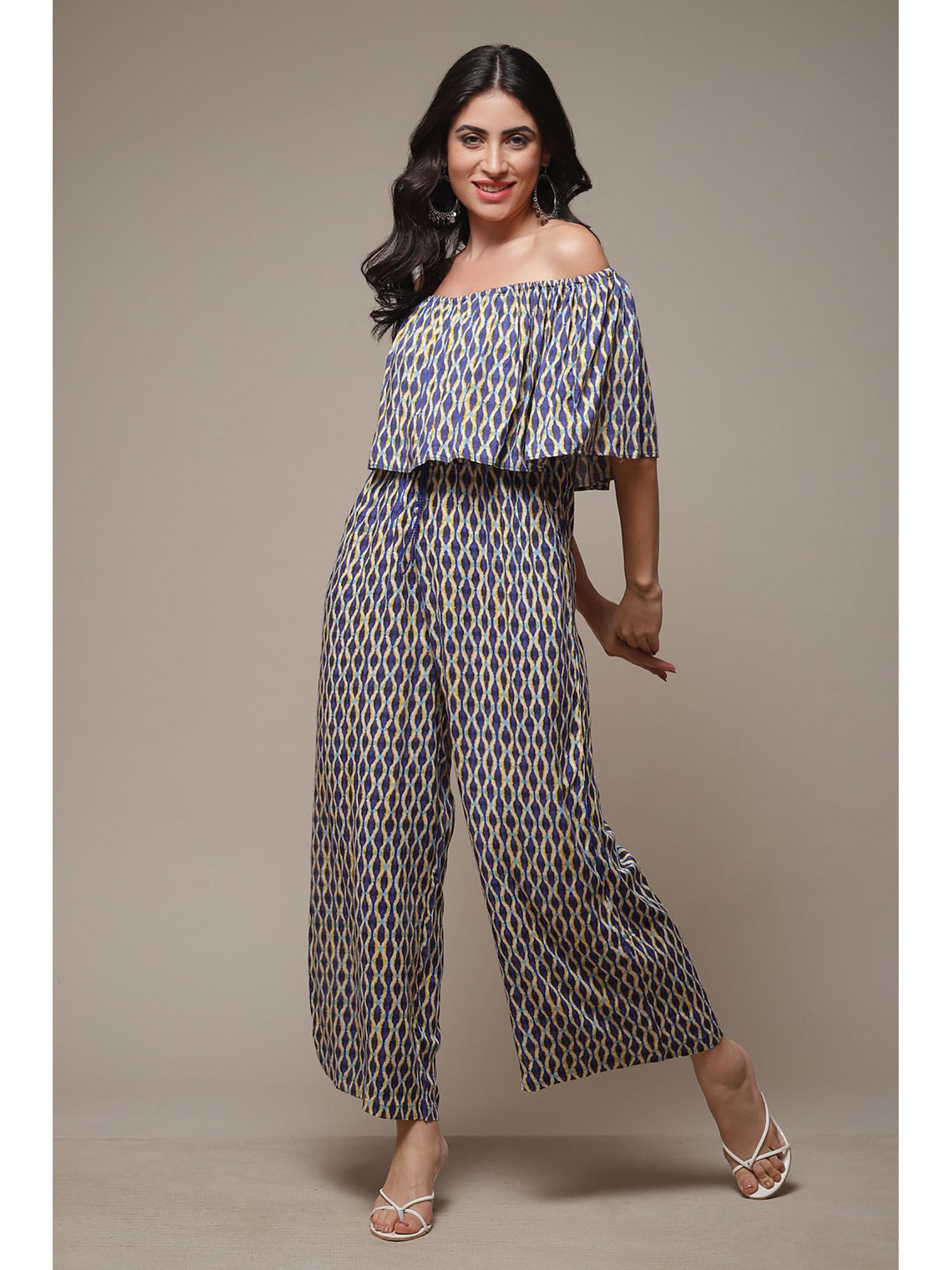 womens navy blue printed rayon straight jumpsuit