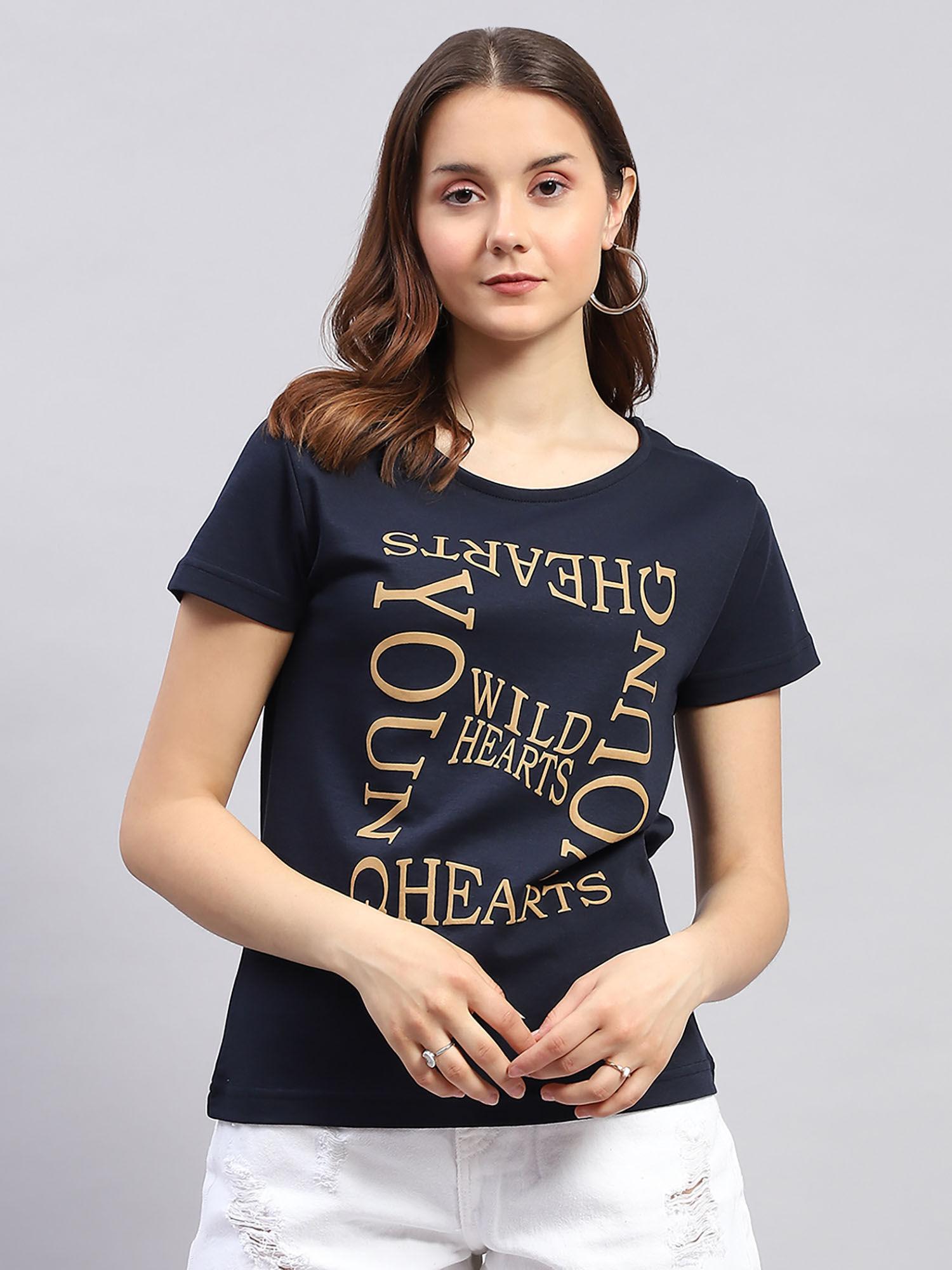 womens navy blue printed round neck half sleeve regular fit top