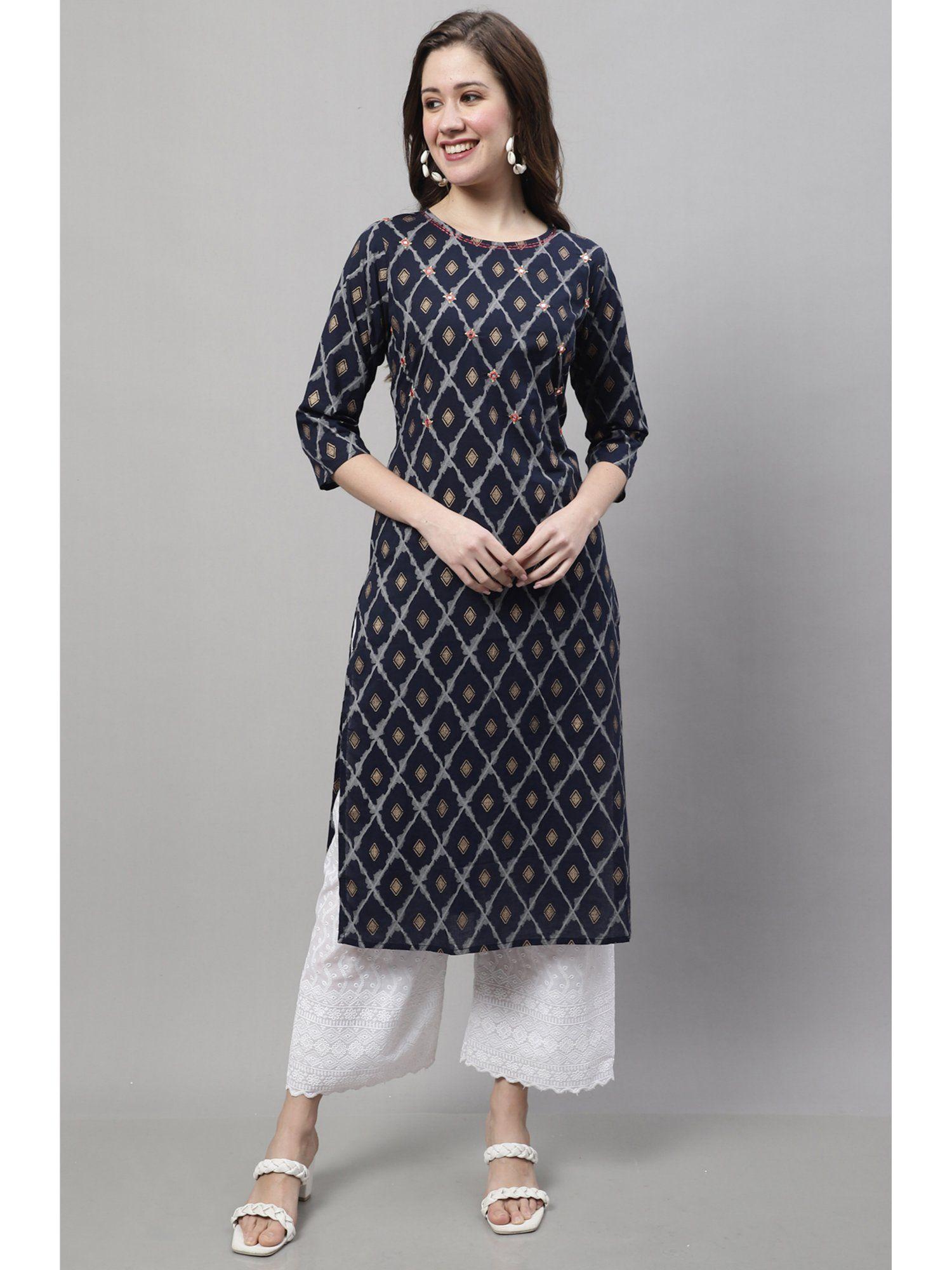 womens navy blue pure cotton jaipuri printed kurta