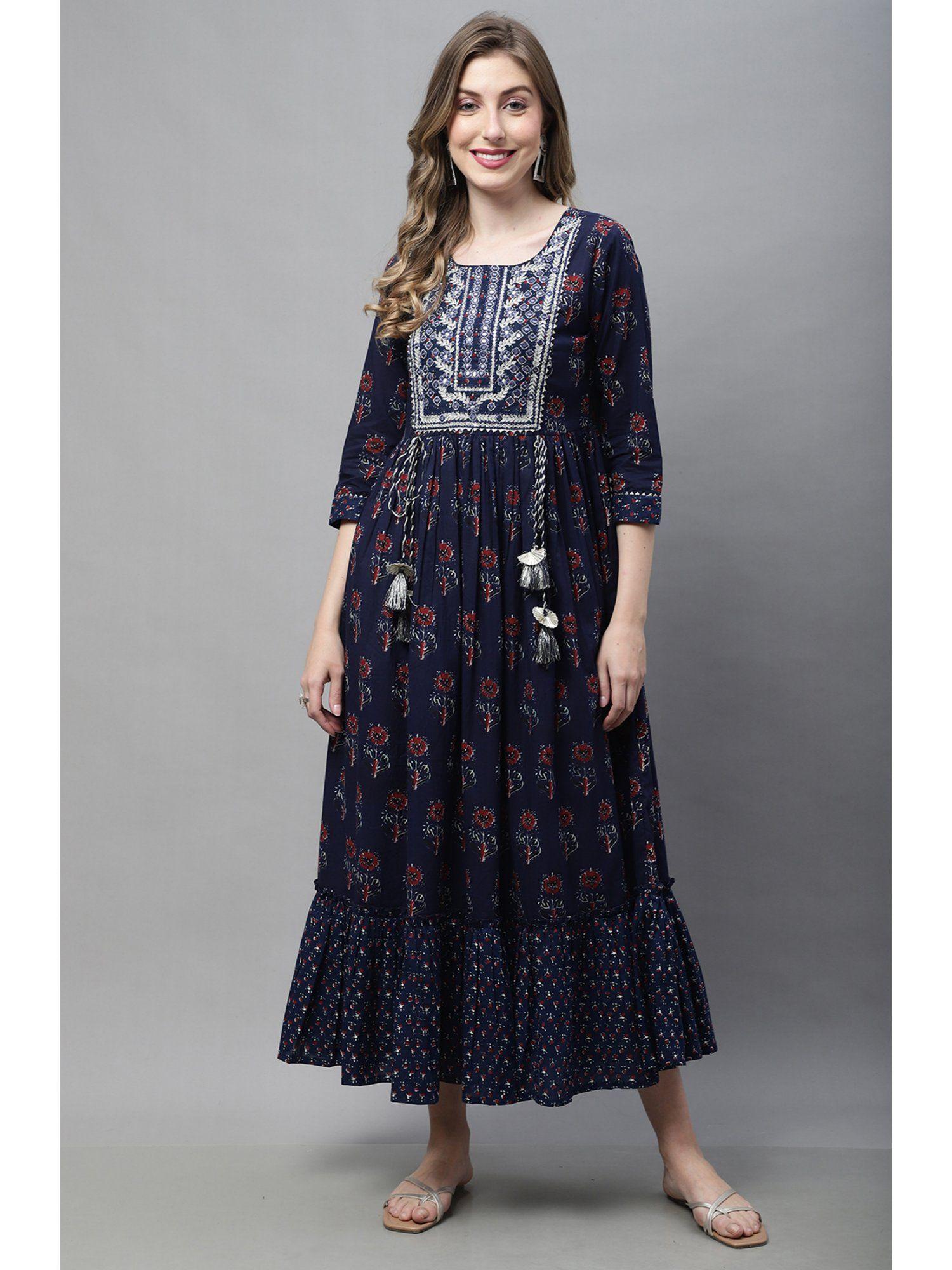 womens navy blue pure cotton jaipuri printed kurta