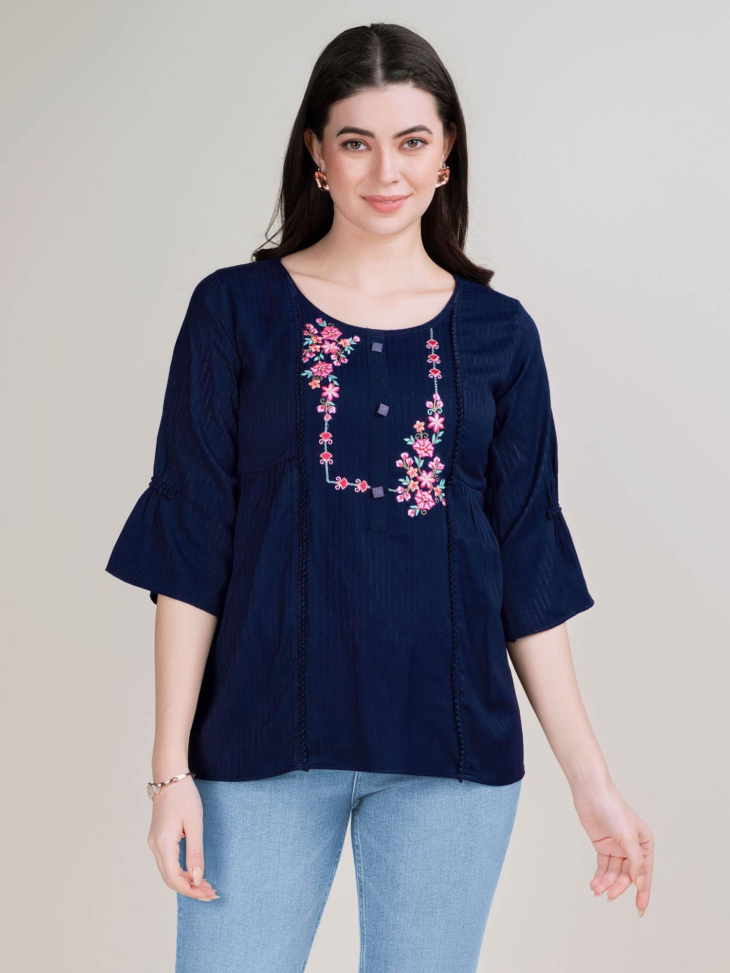 womens navy blue pure viscose rayon floral embroidered a-line top