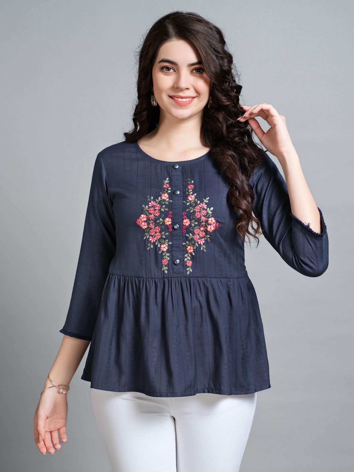 womens navy blue pure viscose rayon floral embroidered peplum top