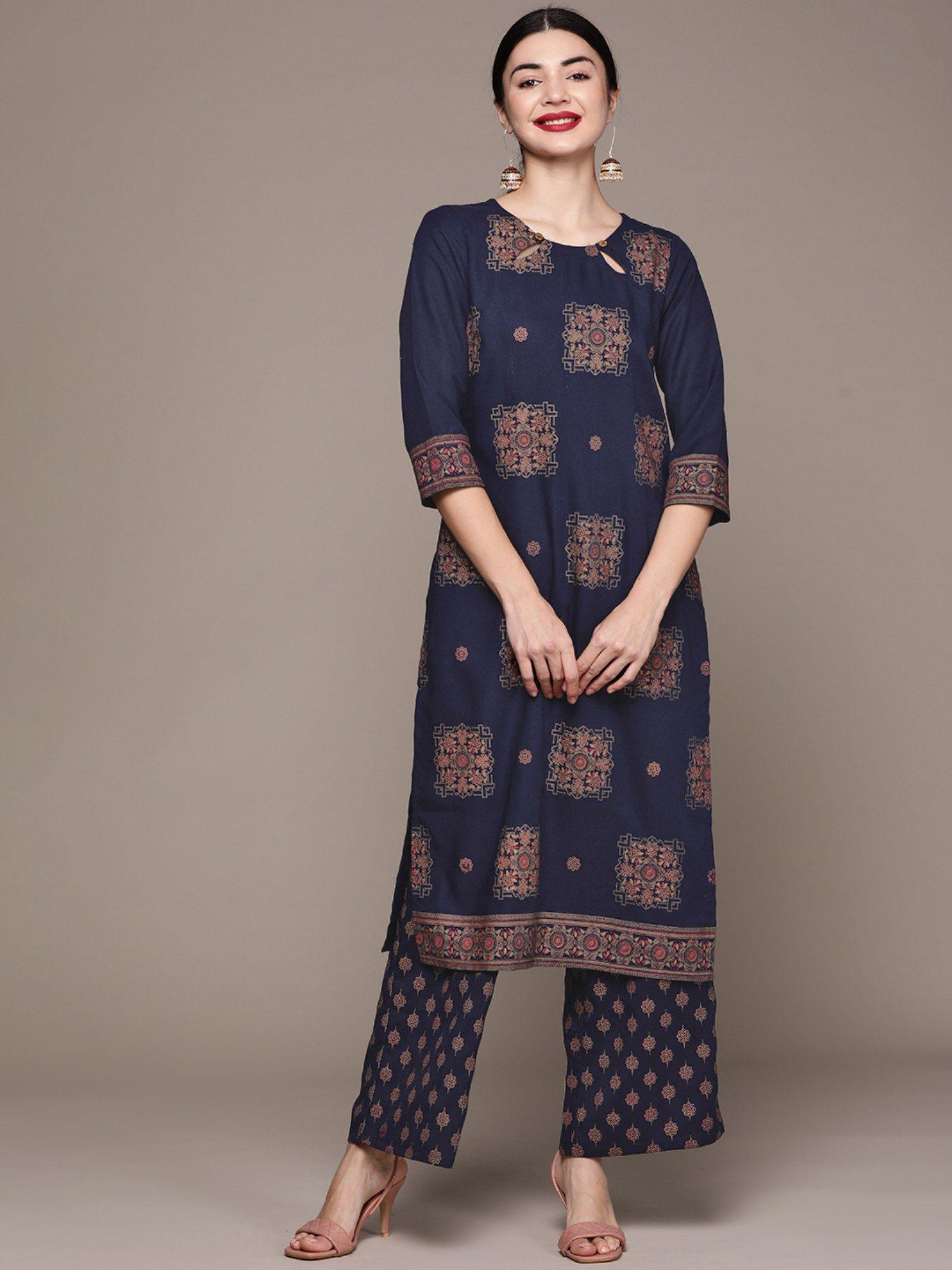 womens navy blue rayon straight kurta and palazzo (set of 2)