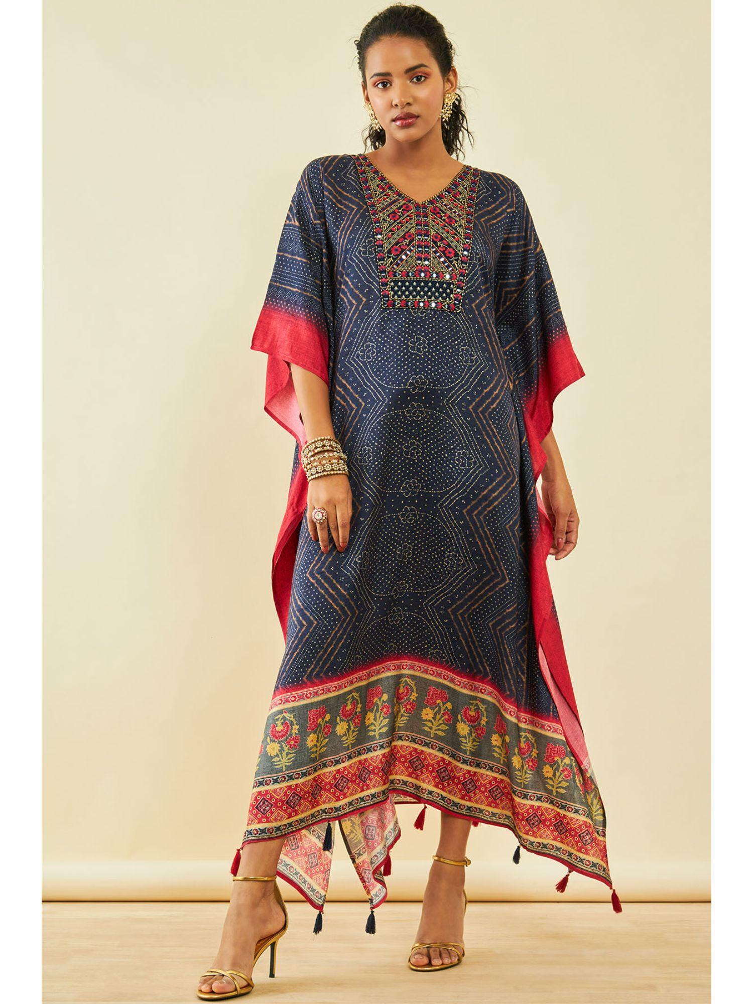 womens navy blue silk blend bandhani print kaftan with mirror work