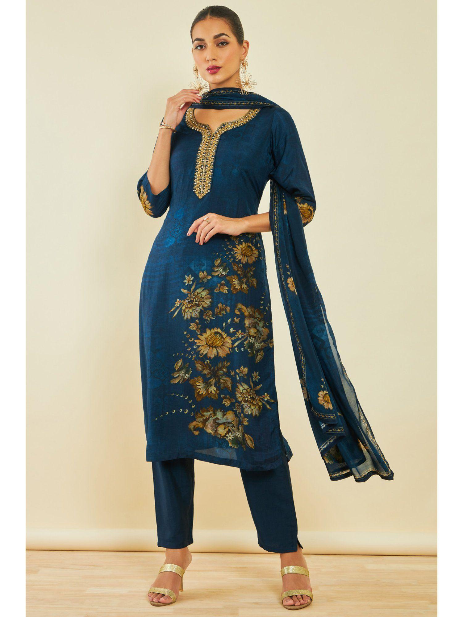 womens navy blue silk blend kurta with floral print and hand embroidery (set of 3)