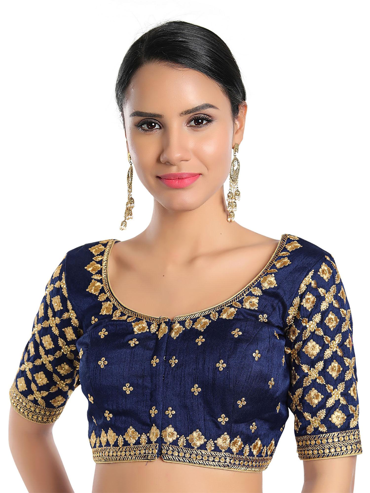 womens navy blue silk front open readymade saree blouse