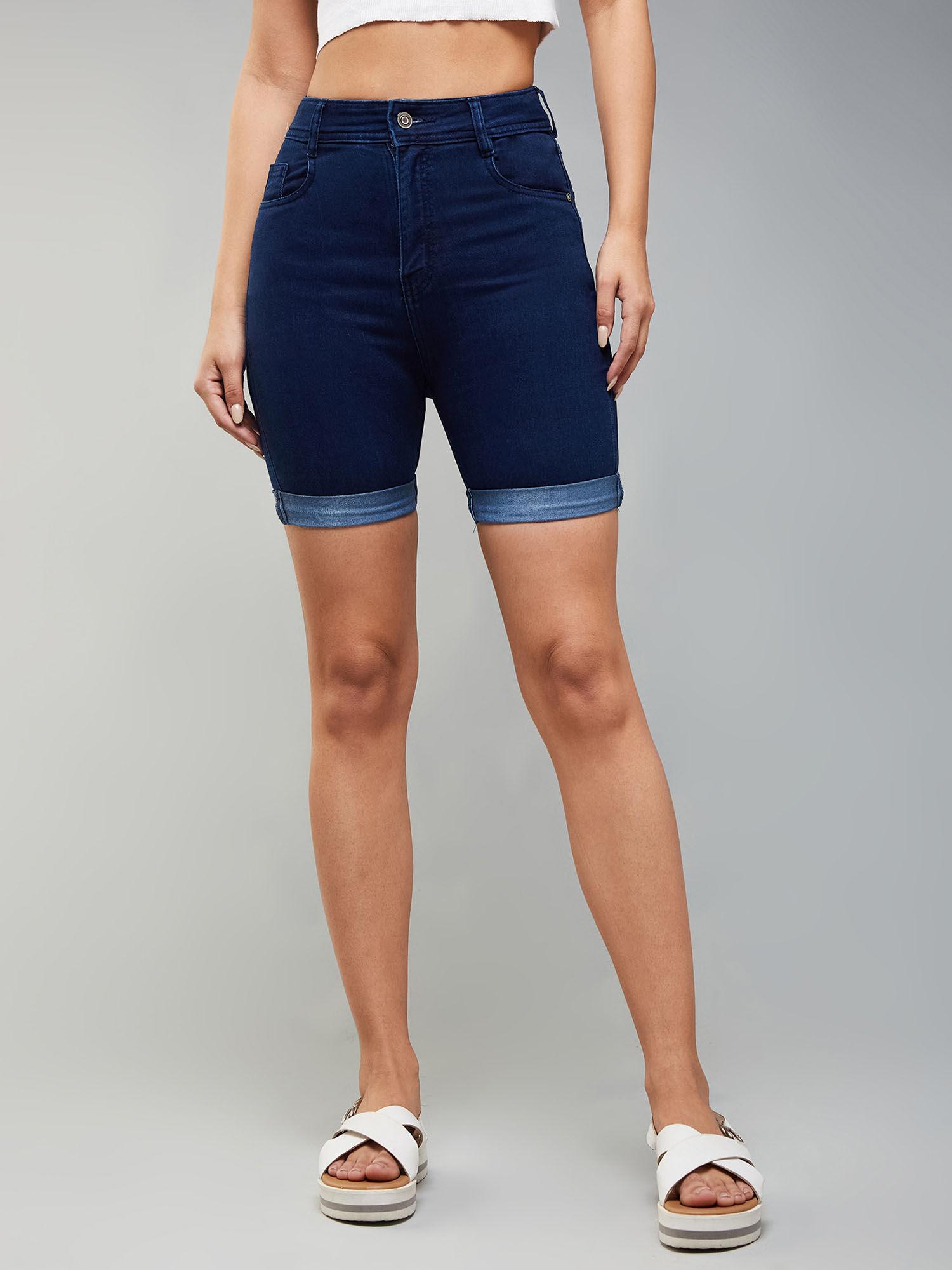 womens navy blue skinny clean look regular length stretchable denim shorts