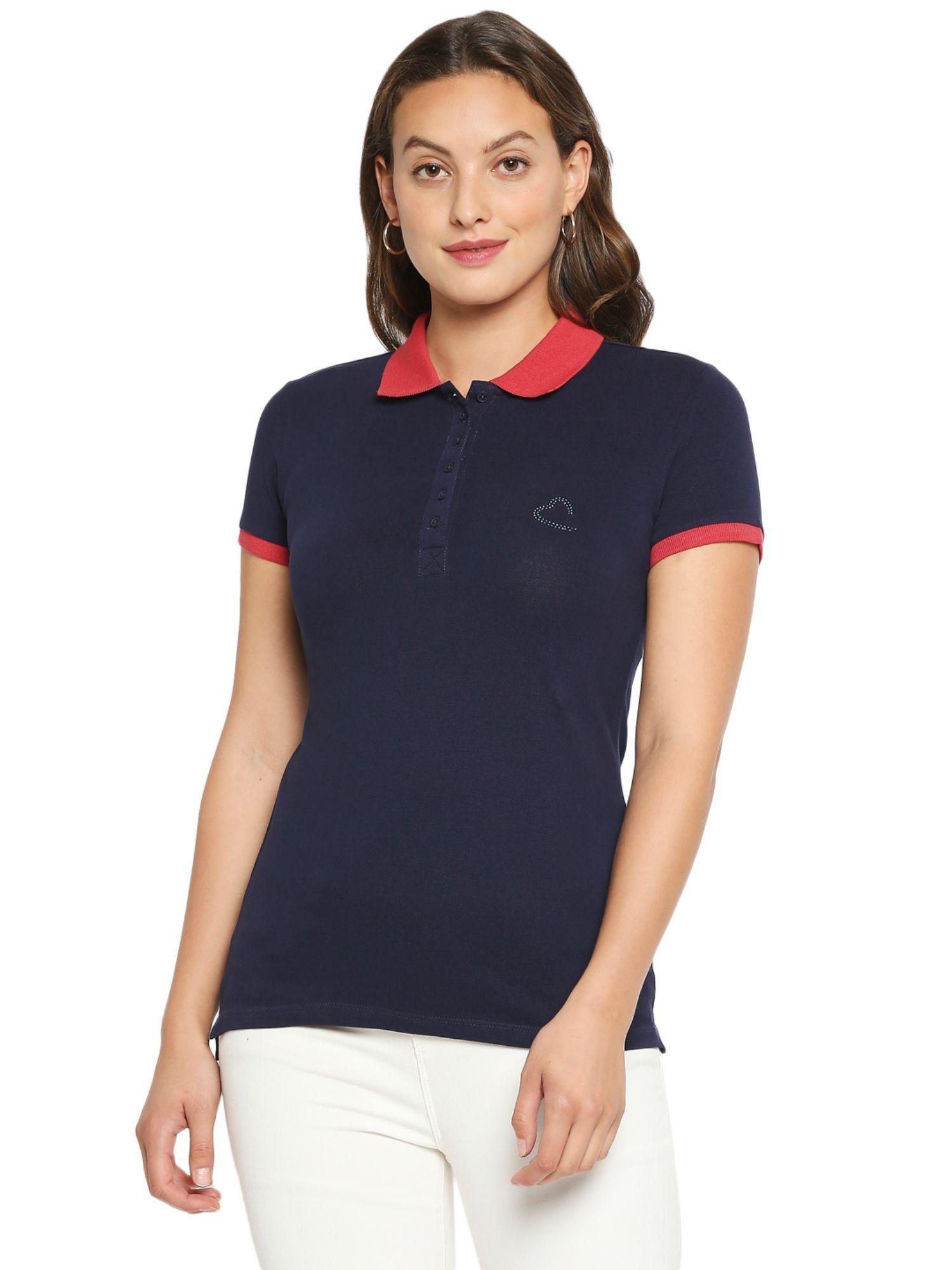 womens navy blue solid collar neck polo t-shirt