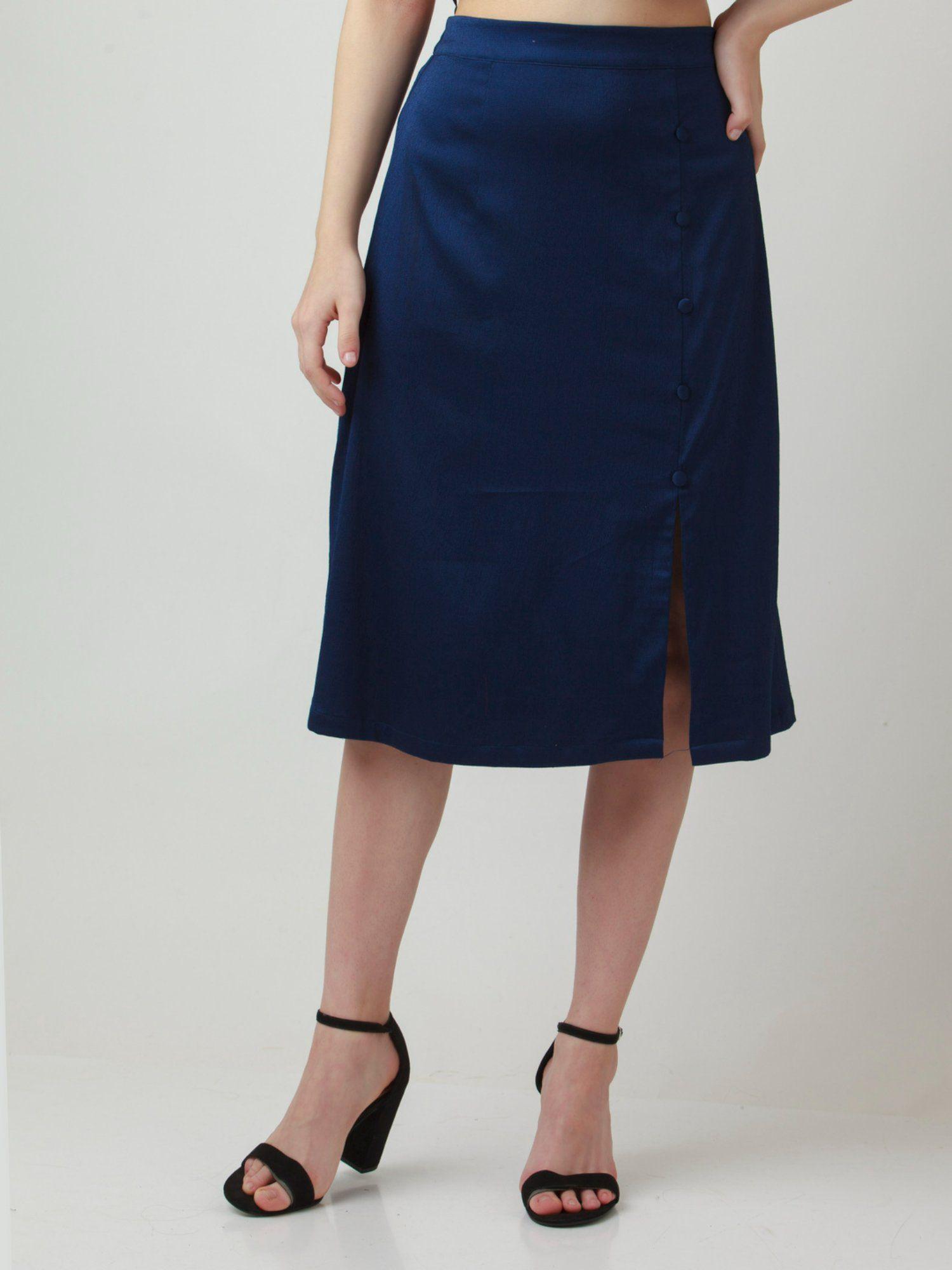 womens navy blue solid knee length skirt