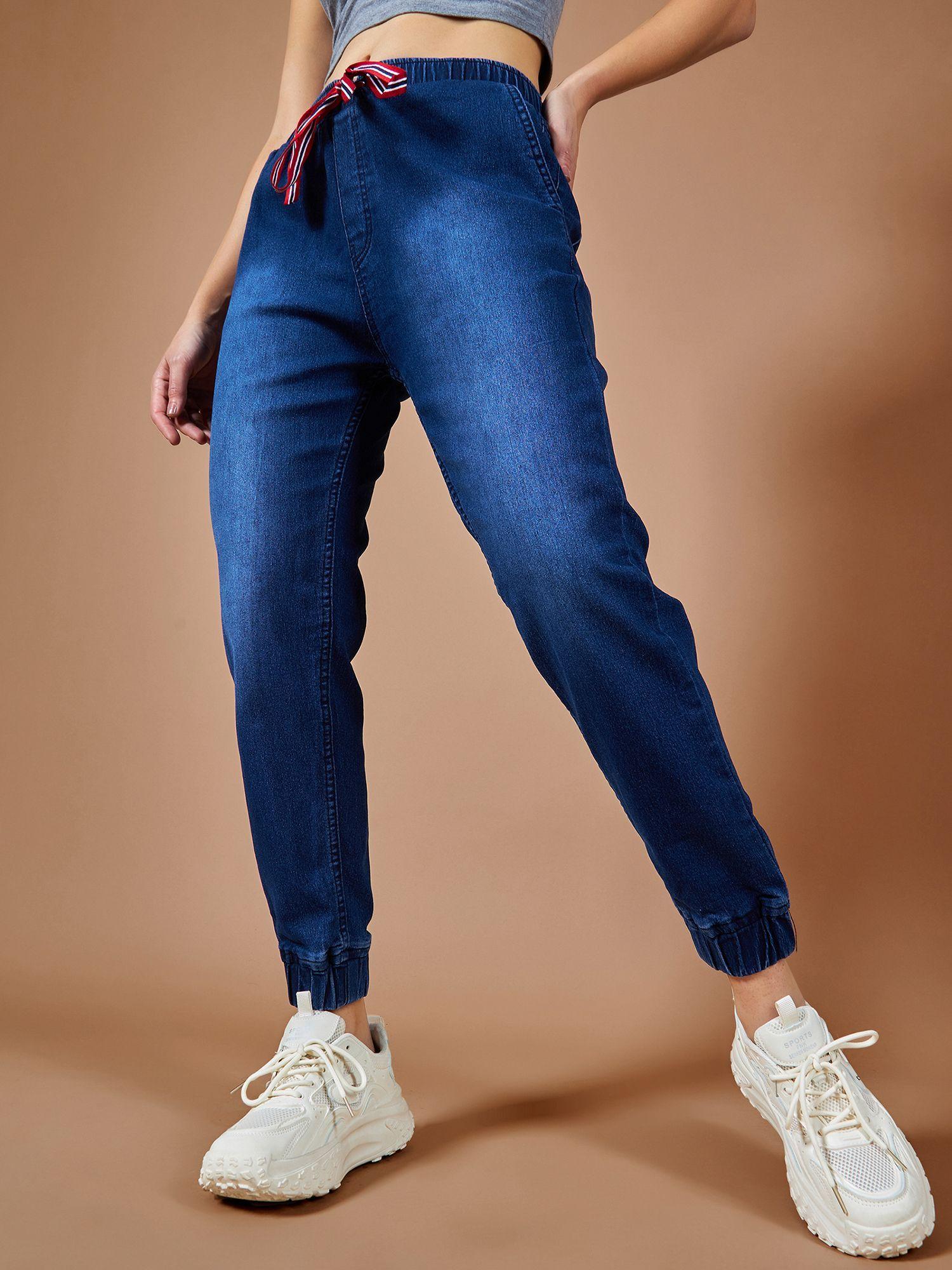 womens navy blue solid mid rise stretchable denim joggers