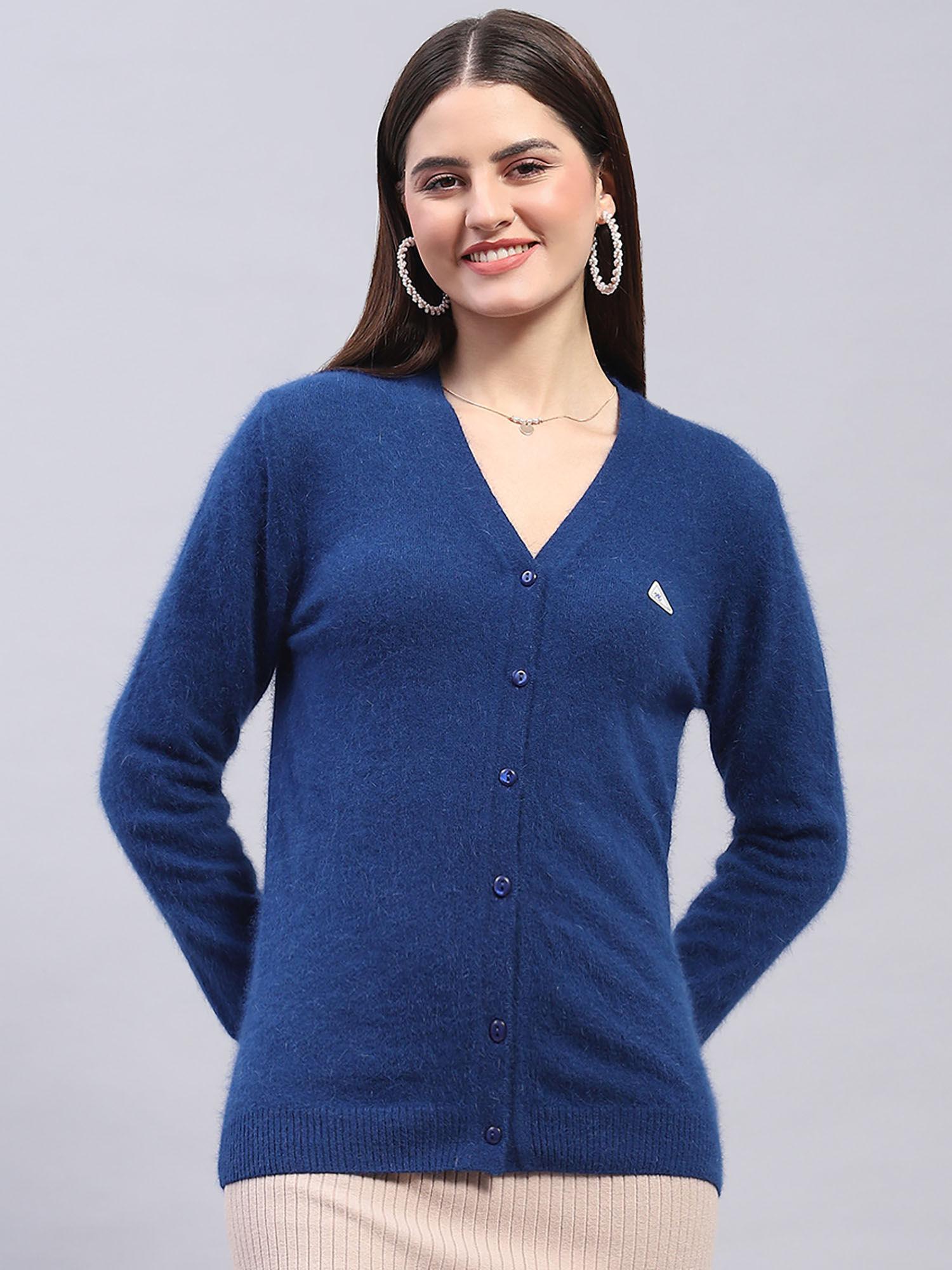 womens navy blue solid v neck full sleeve wool cardigan