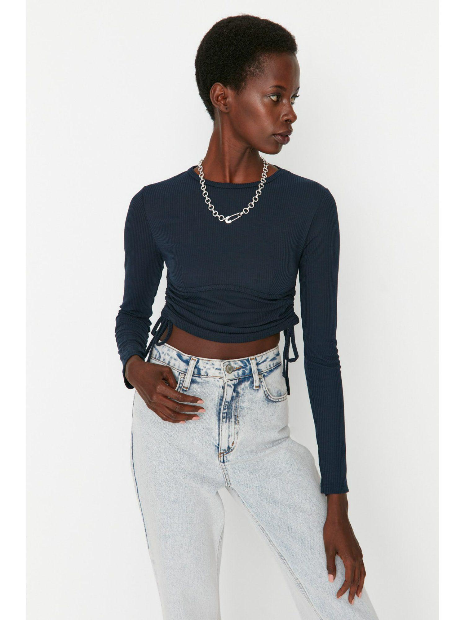 womens navy blue textured crop top