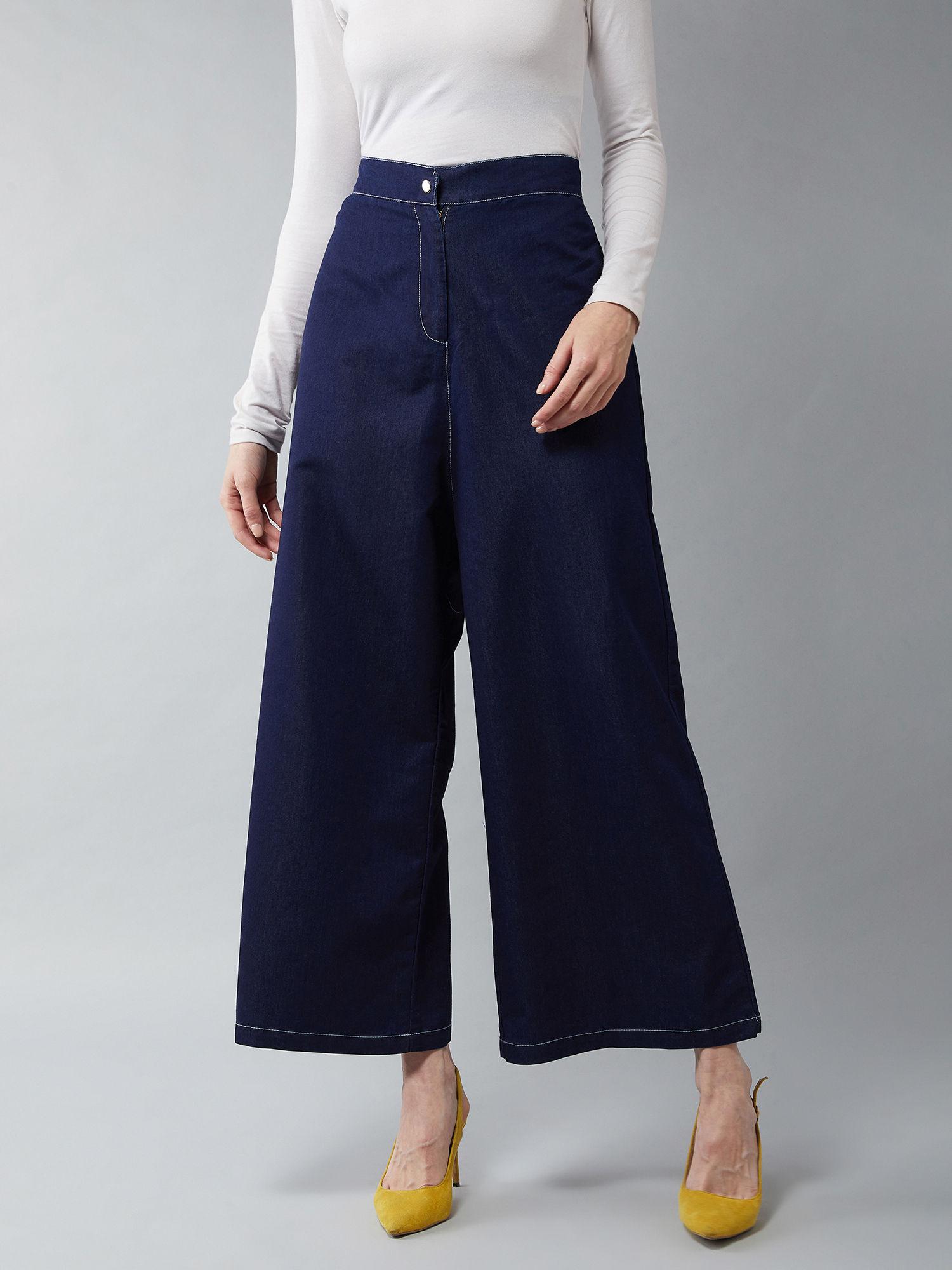 womens navy blue wide-leg denim pant