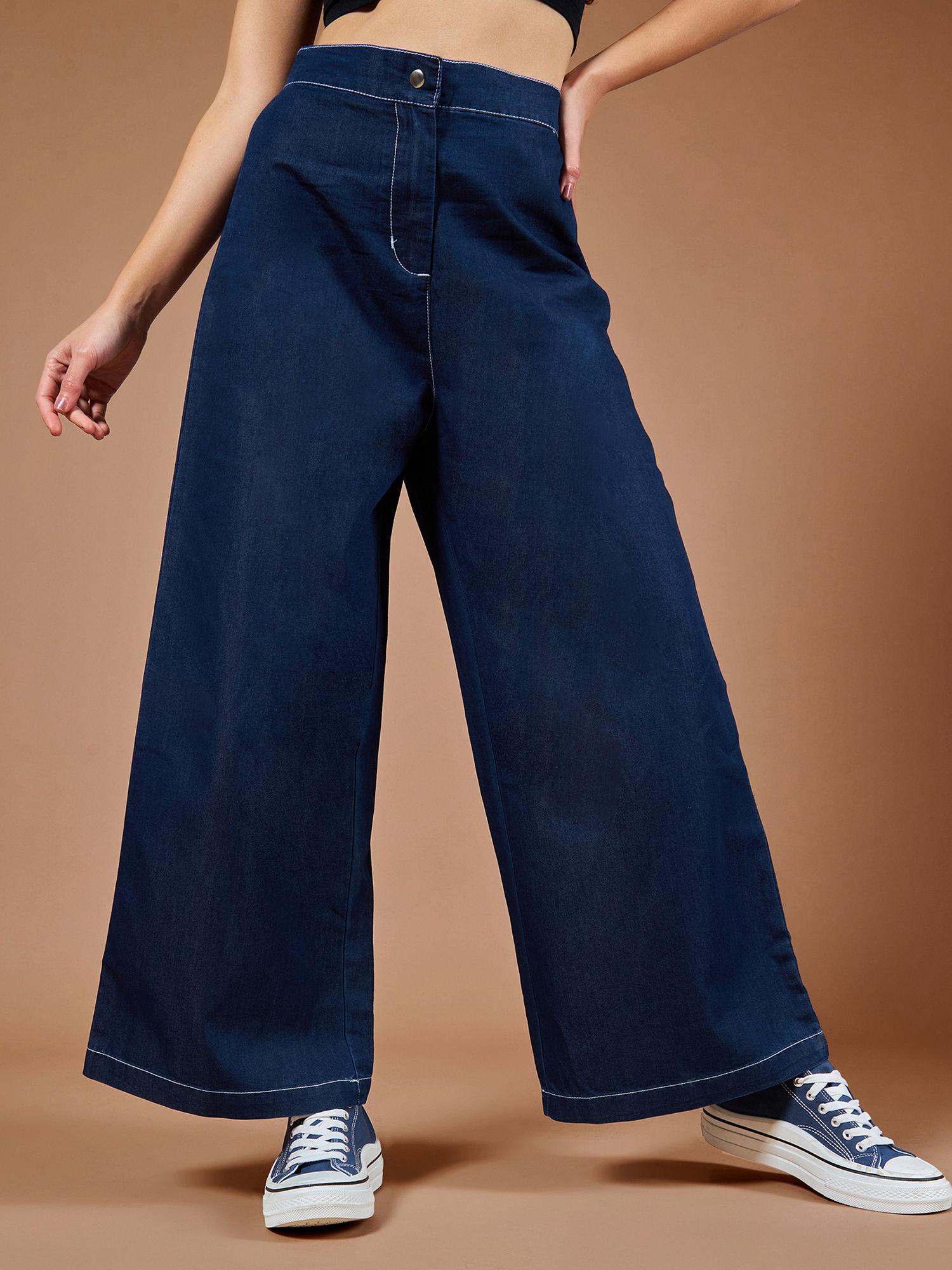 womens navy blue wide-leg high rise denim pant