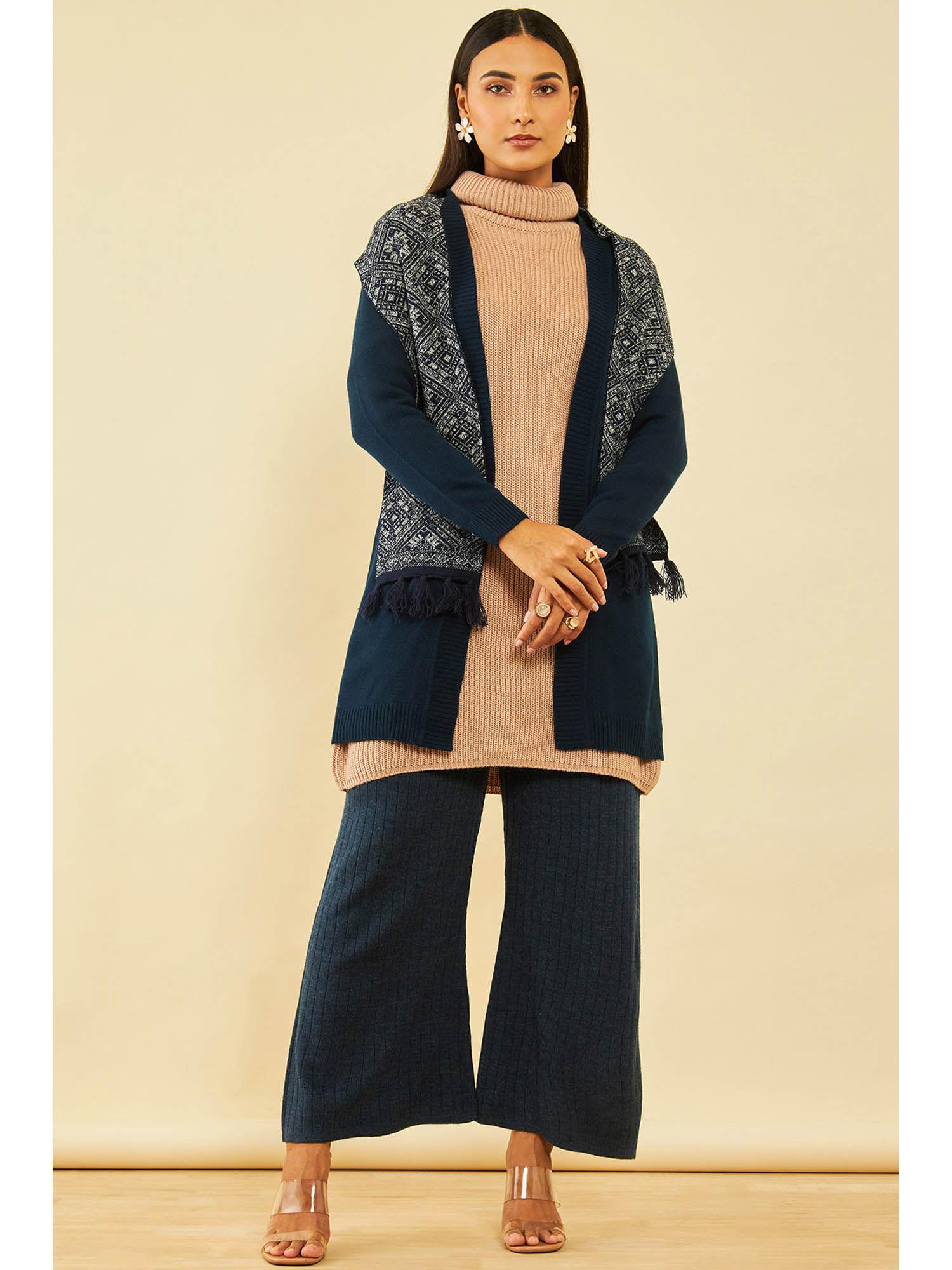 womens navy blue woven design shrug with muffler