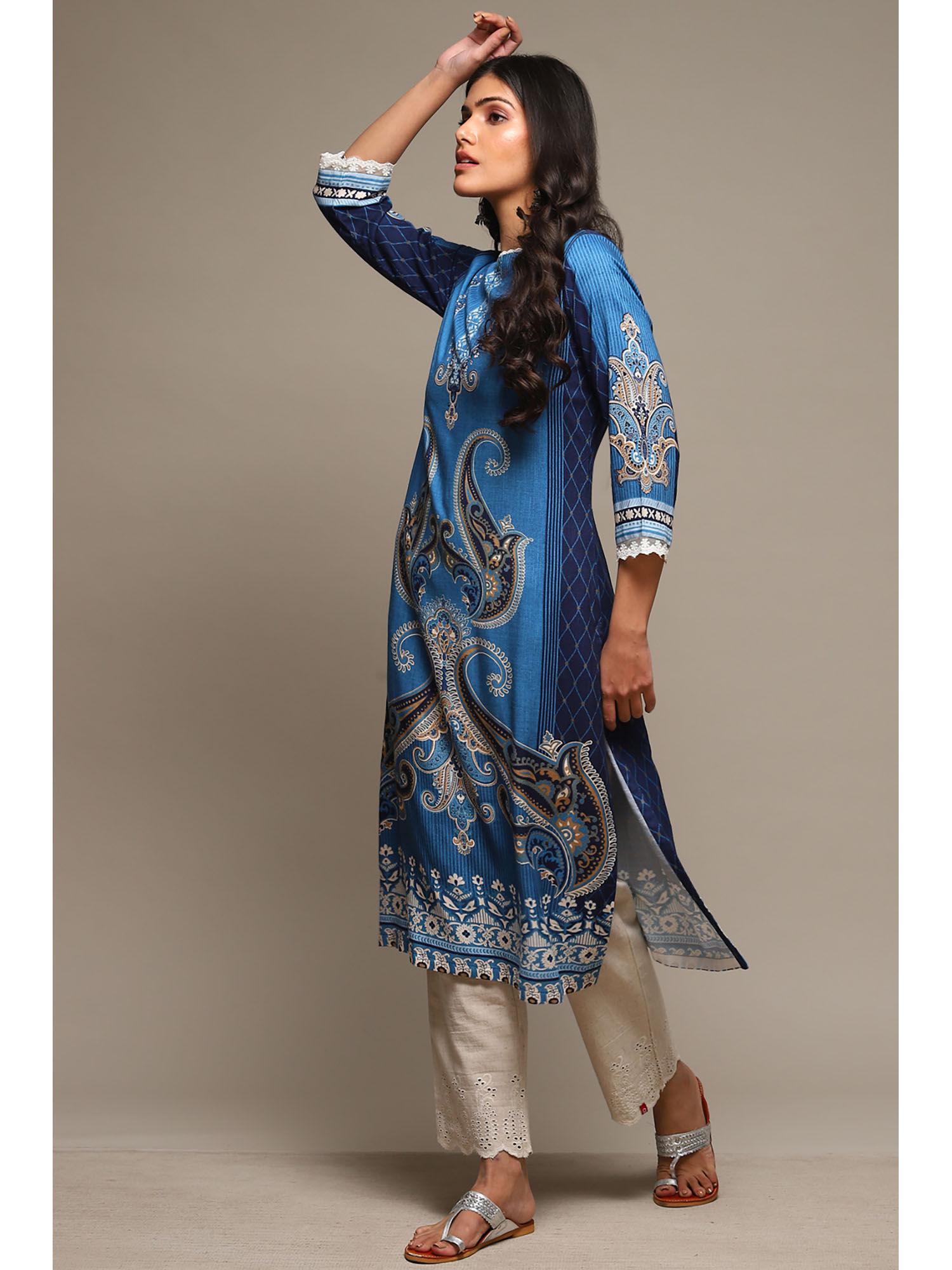 womens navy printed rayon straight kurta