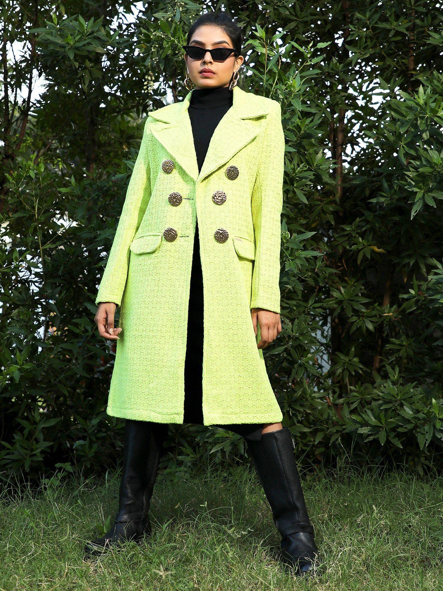 womens neon green double- breasted textured long coat