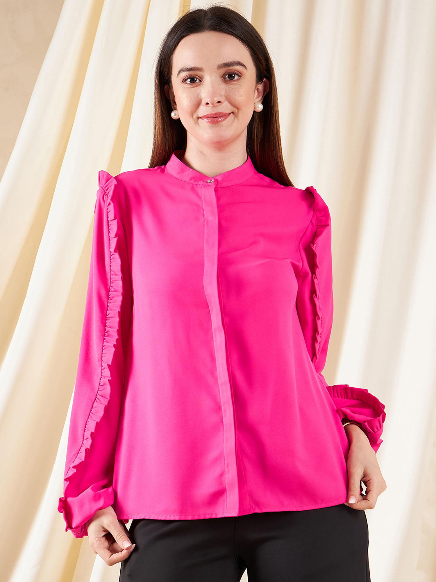 womens neon pink frilled button shirt