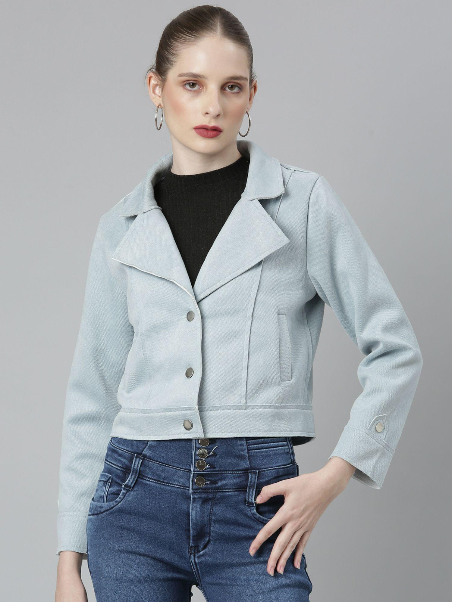 womens notched lapel blue solid crop tailored jacket