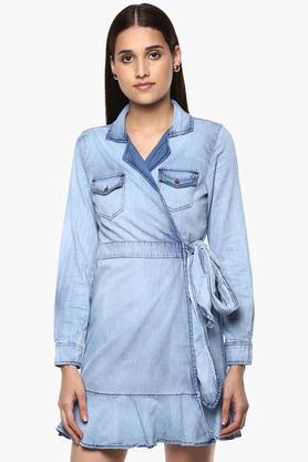 womens notched lapel washed wrap dress - indigo