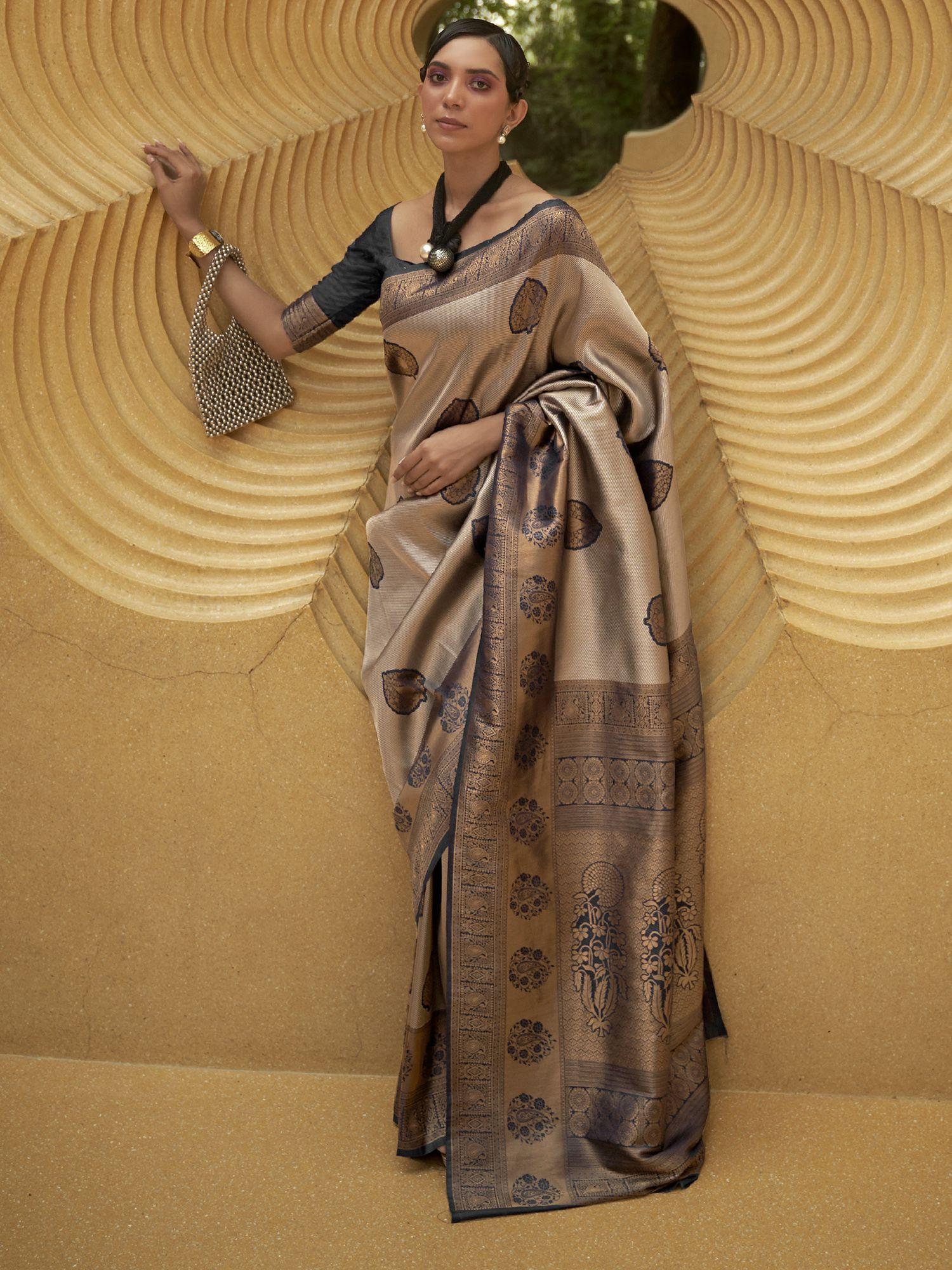 womens nylon beige woven designer saree with unstitched blouse