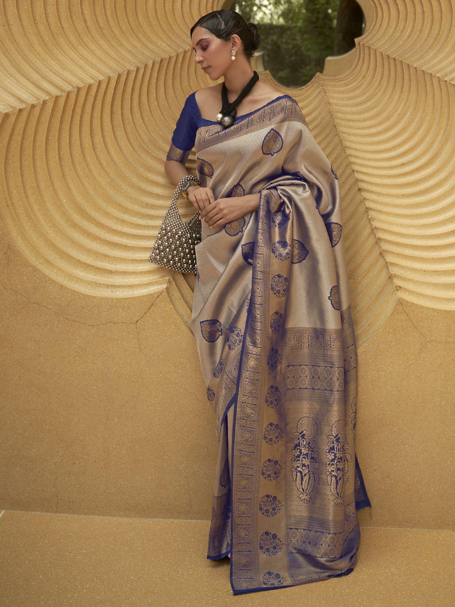 womens nylon blue woven designer saree with unstitched blouse