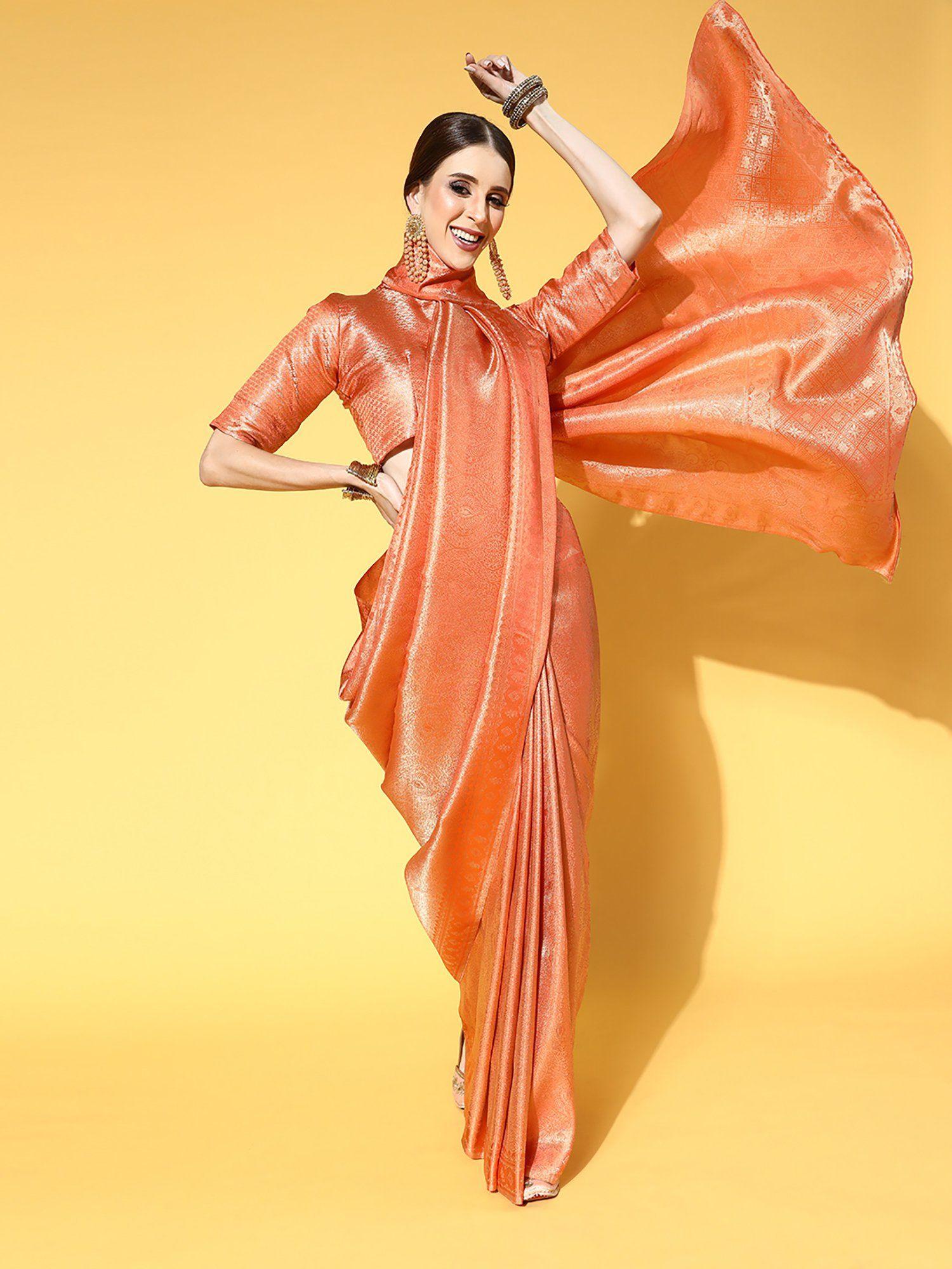 womens nylon orange woven design designer saree with unstitched blouse