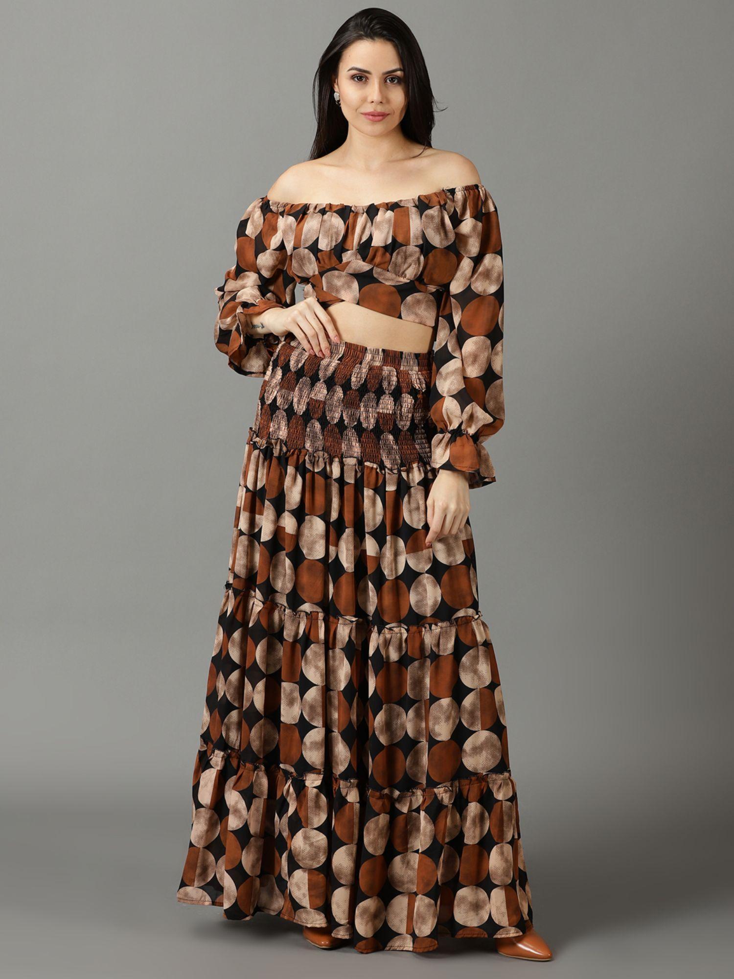 womens off-shoulder printed long sleeves brown co-ord (set of 2)