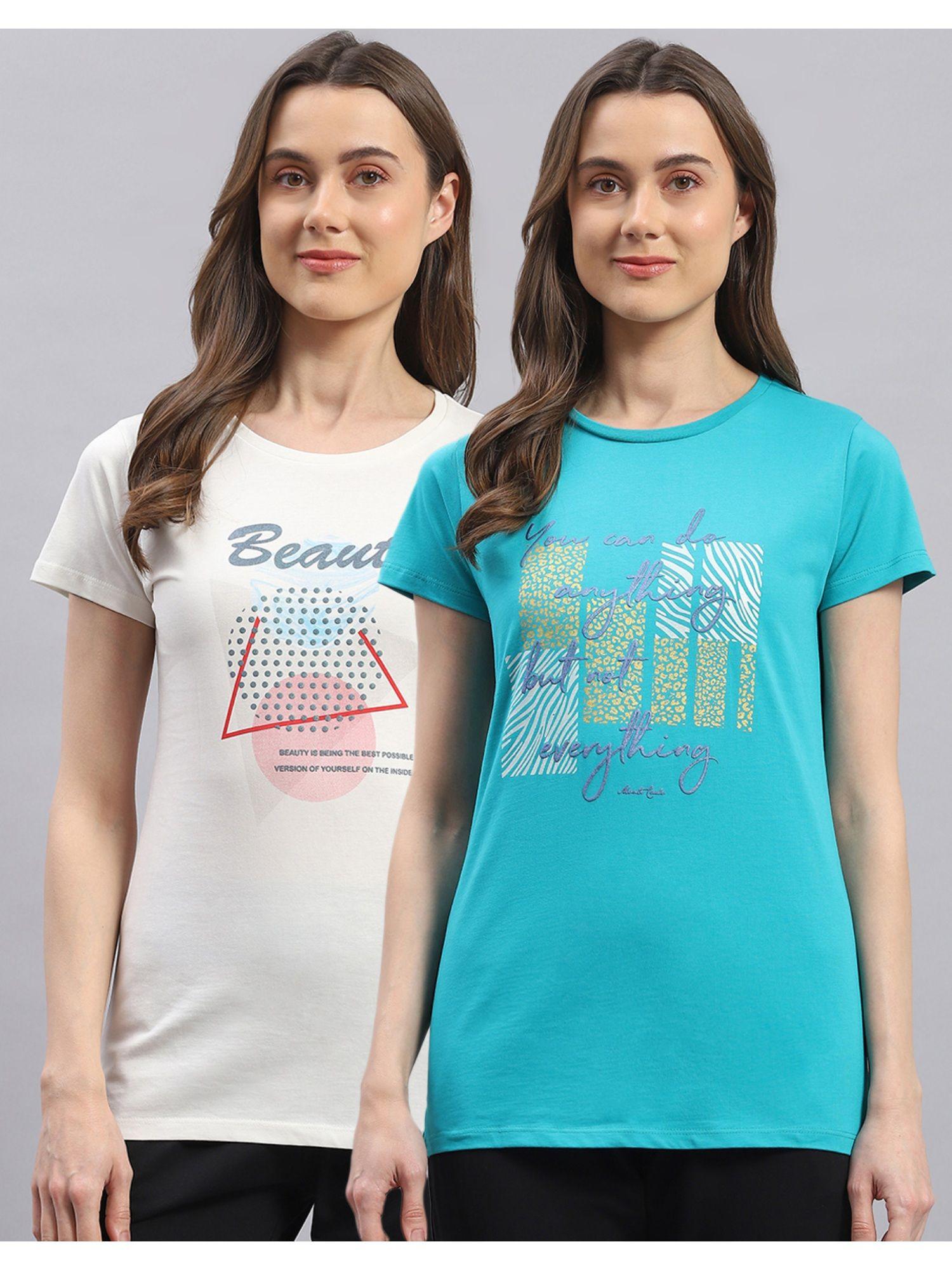 womens off white & turquoise printed round neck half sleeve top (set of 2)